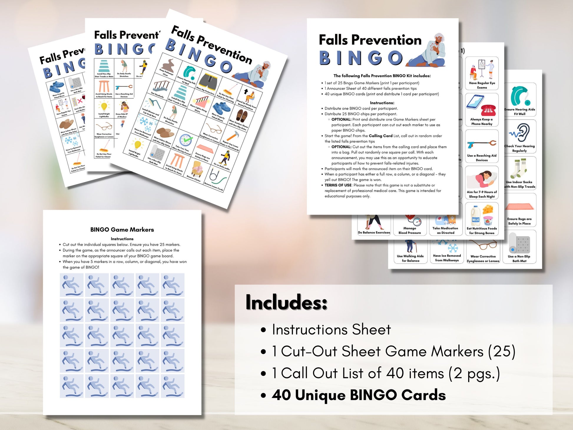 Falls Prevention BINGO Game, Falls Injury Prevention Strategy, Seniors Wellness Game, Occupational, Physical Therapy (Digital Printable)