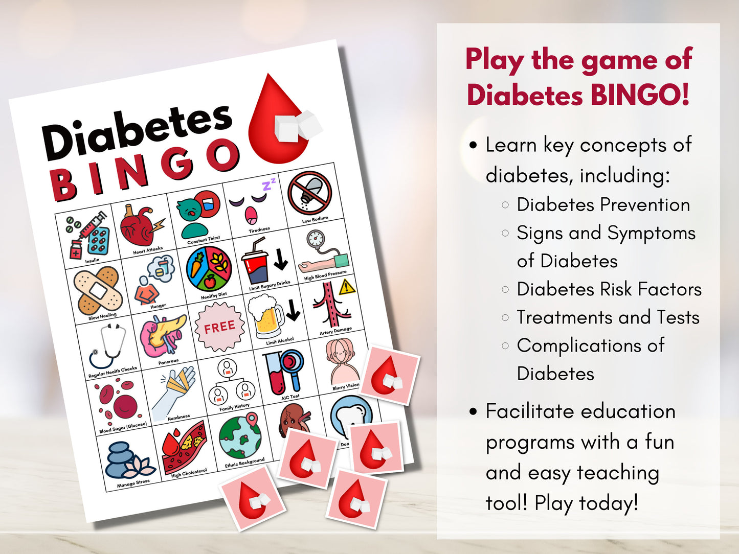 Diabetes BINGO Card Game, 40 Game Boards, Type 2 Diabetes Patient Education, Classroom Activity, Health Game (Digital Printable)