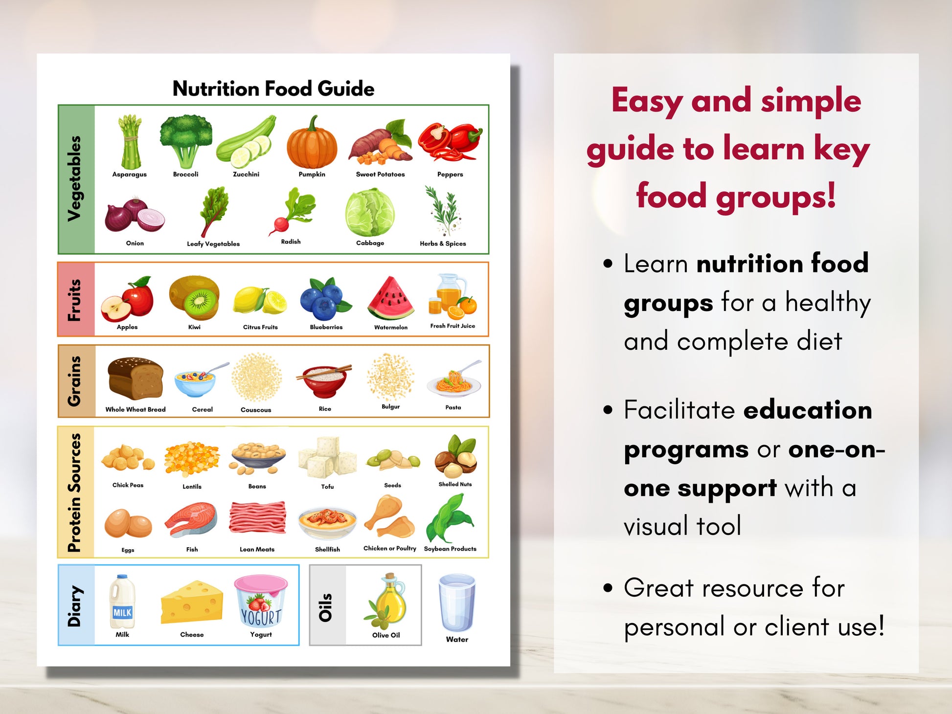 Food Groups Poster Print, Nutrition Guide Worksheet, Patient Education, Healthy Meal Planning, Dietitian (Digital Printable)