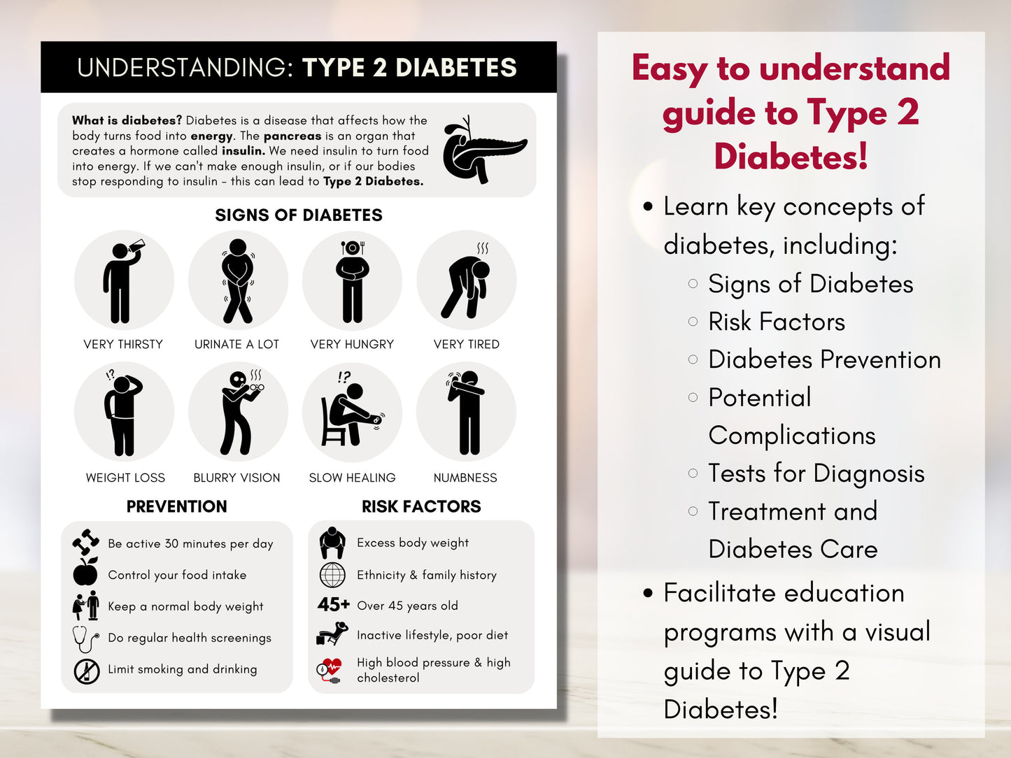 Diabetes Information Handout, Patient Worksheet, Type 2 Diabetes Pamphlet, Chronic Disease Management, Infographic (Digital Printable)