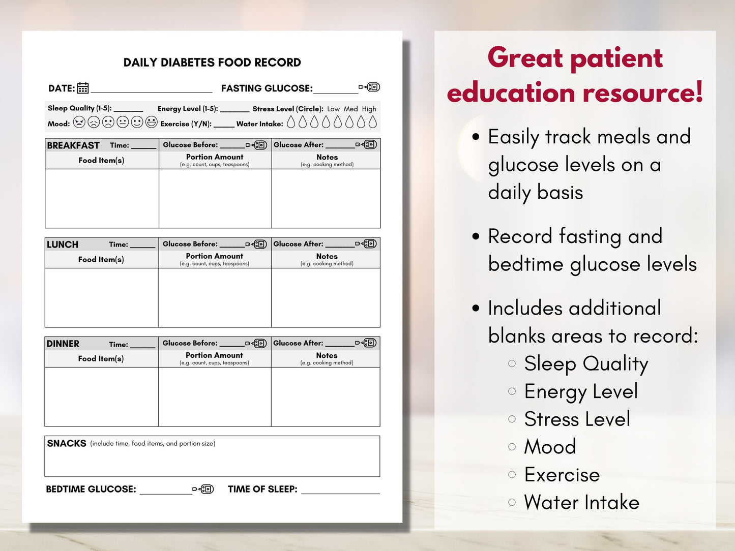 Diabetes Food Journal, Blood Sugar Log, Type 2 Diabetes Tracker, Diabetes Food Management, Education Worksheet (Digital Printable)