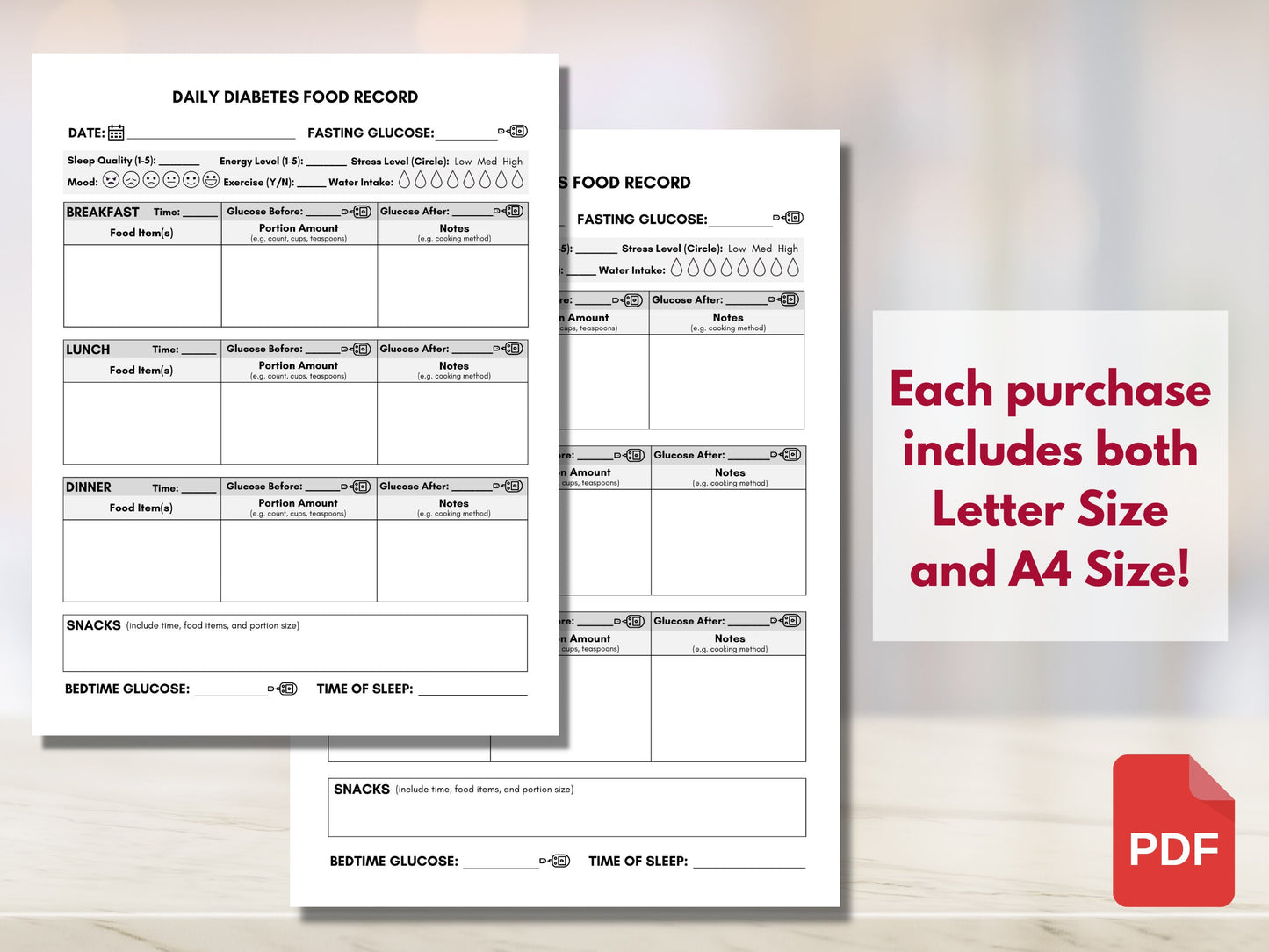 Diabetes Food Journal, Blood Sugar Log, Type 2 Diabetes Tracker, Diabetes Food Management, Education Worksheet (Digital Printable)