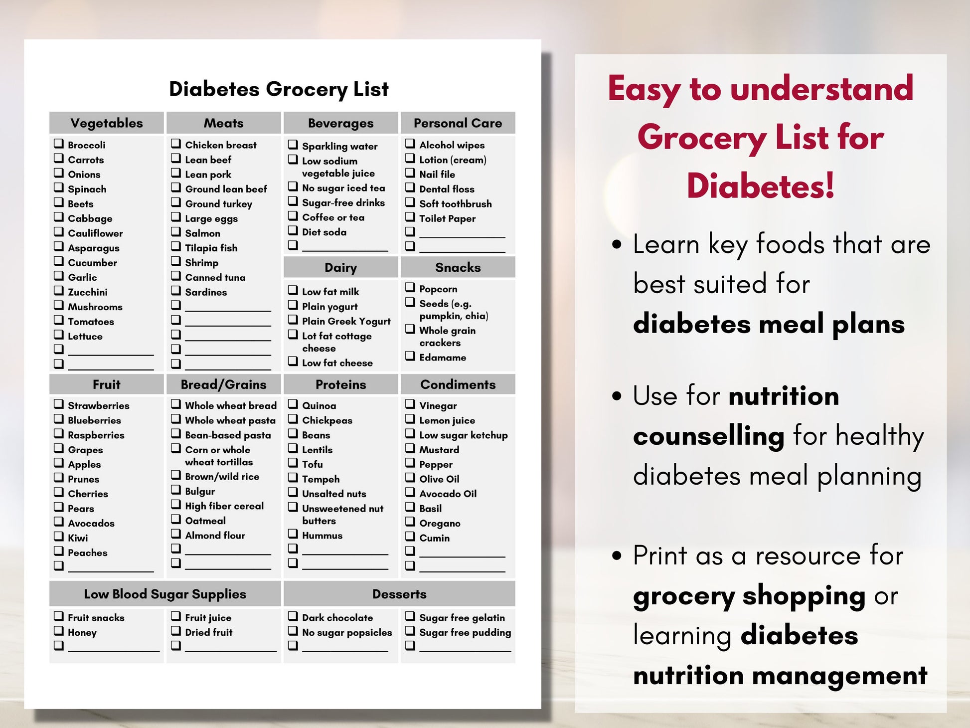 Diabetes Grocery List, Food Shopping List, Diabetic Meal Planning, Nutrition Counseling, Health Coach, Type 2 Diabetes (Digital Printable)