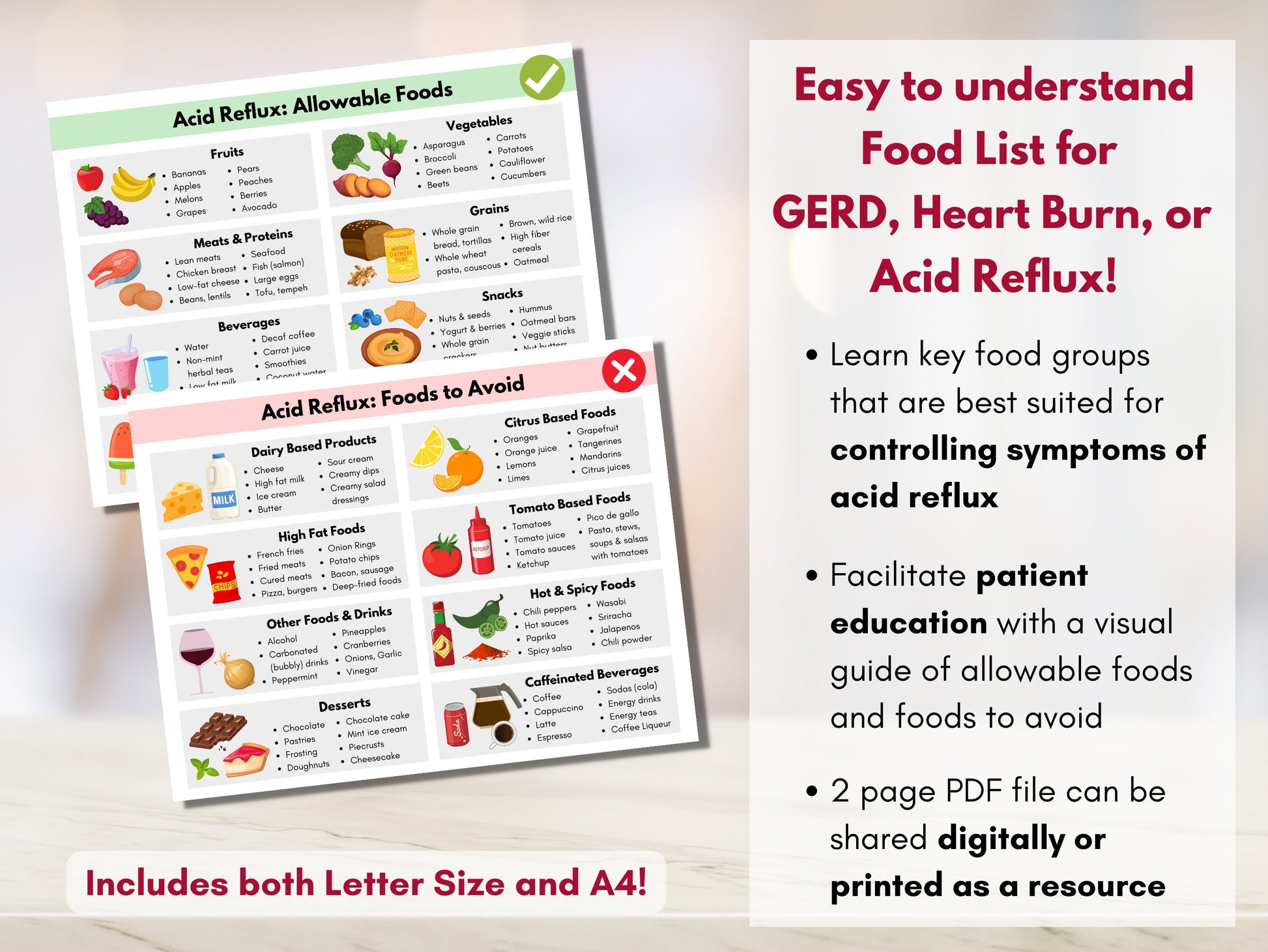 GERD, Acid Reflux, Heartburn Food Guide, Gastritis Grocery List, Meal Planner, Nutrition Worksheet, Diet Education (Digital Printable)