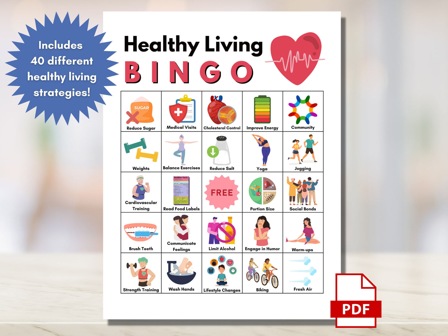 Healthy Living BINGO Game, Health Habits Printable Game, 40 Game Cards, Wellness Learning Activity, Fitness and Exercise (Digital Printable)