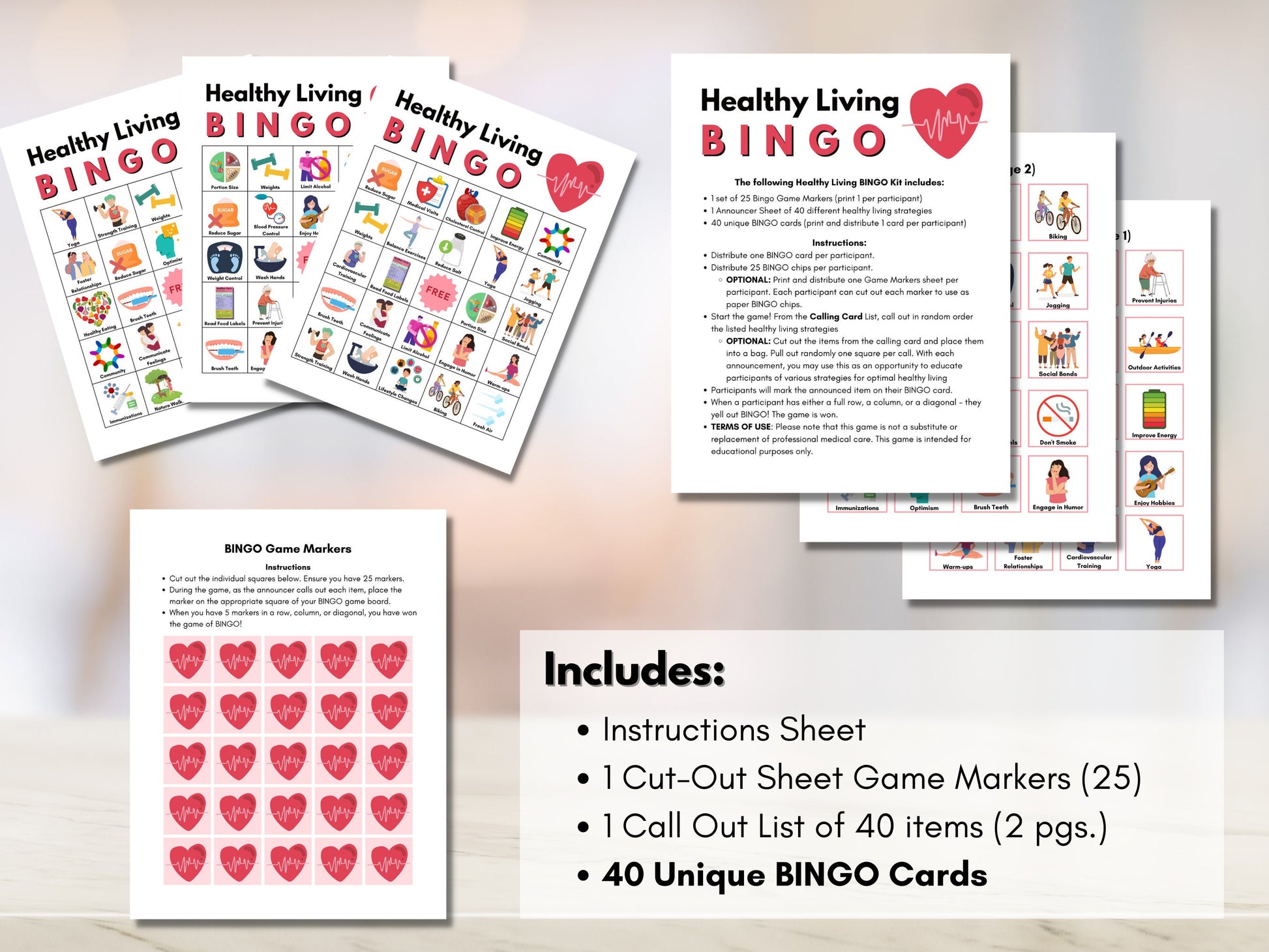 Healthy Living BINGO Game, Health Habits Printable Game, 40 Game Cards, Wellness Learning Activity, Fitness and Exercise (Digital Printable)