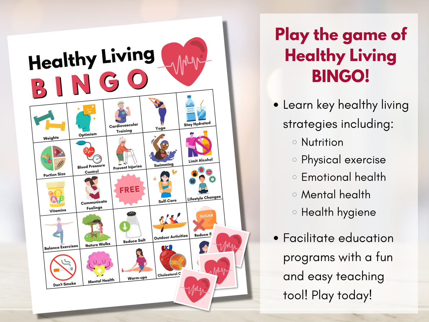 Healthy Living BINGO Game, Health Habits Printable Game, 40 Game Cards, Wellness Learning Activity, Fitness and Exercise (Digital Printable)