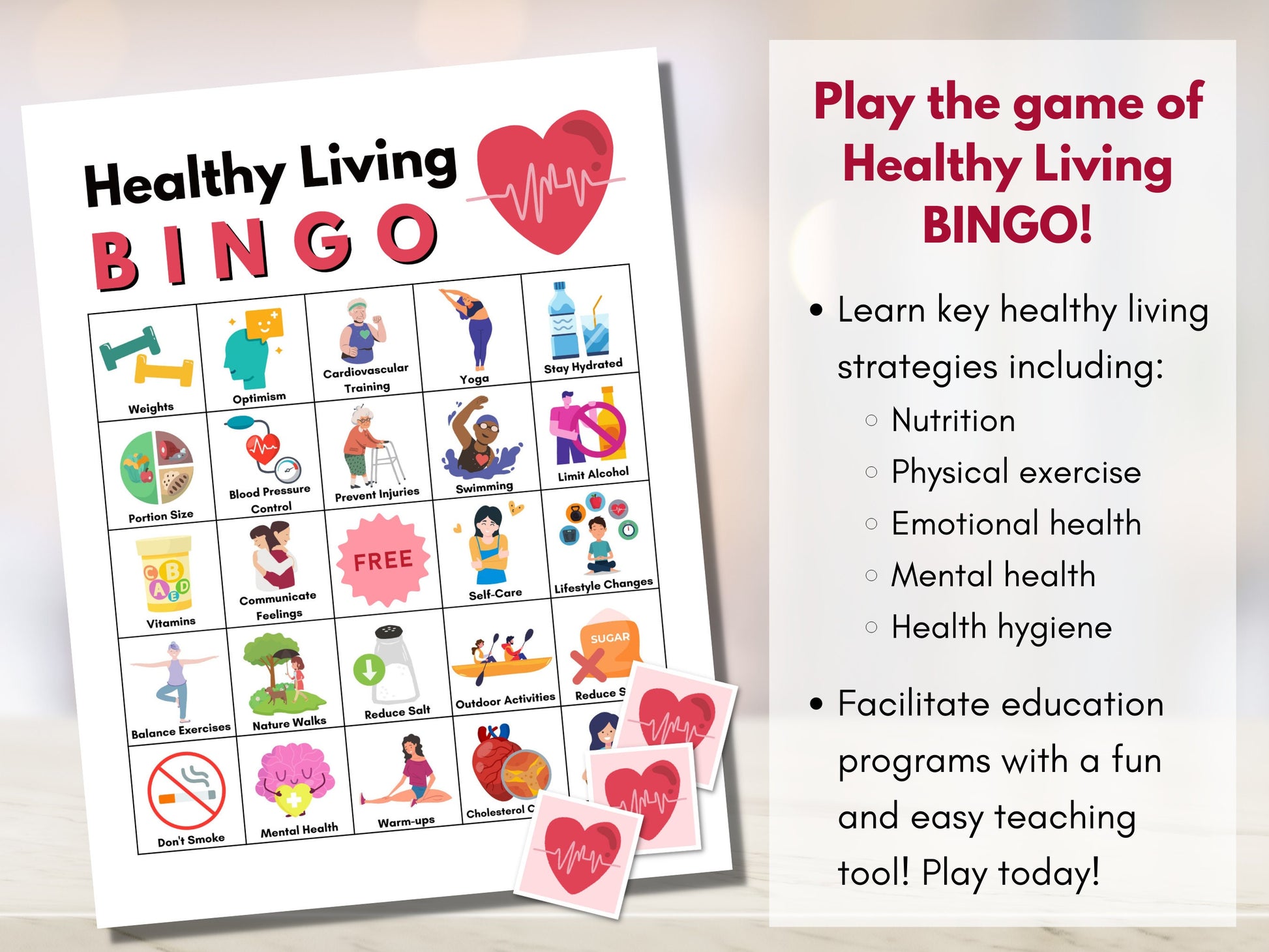 Healthy Living BINGO Game, Health Habits Printable Game, 40 Game Cards, Wellness Learning Activity, Fitness and Exercise (Digital Printable)