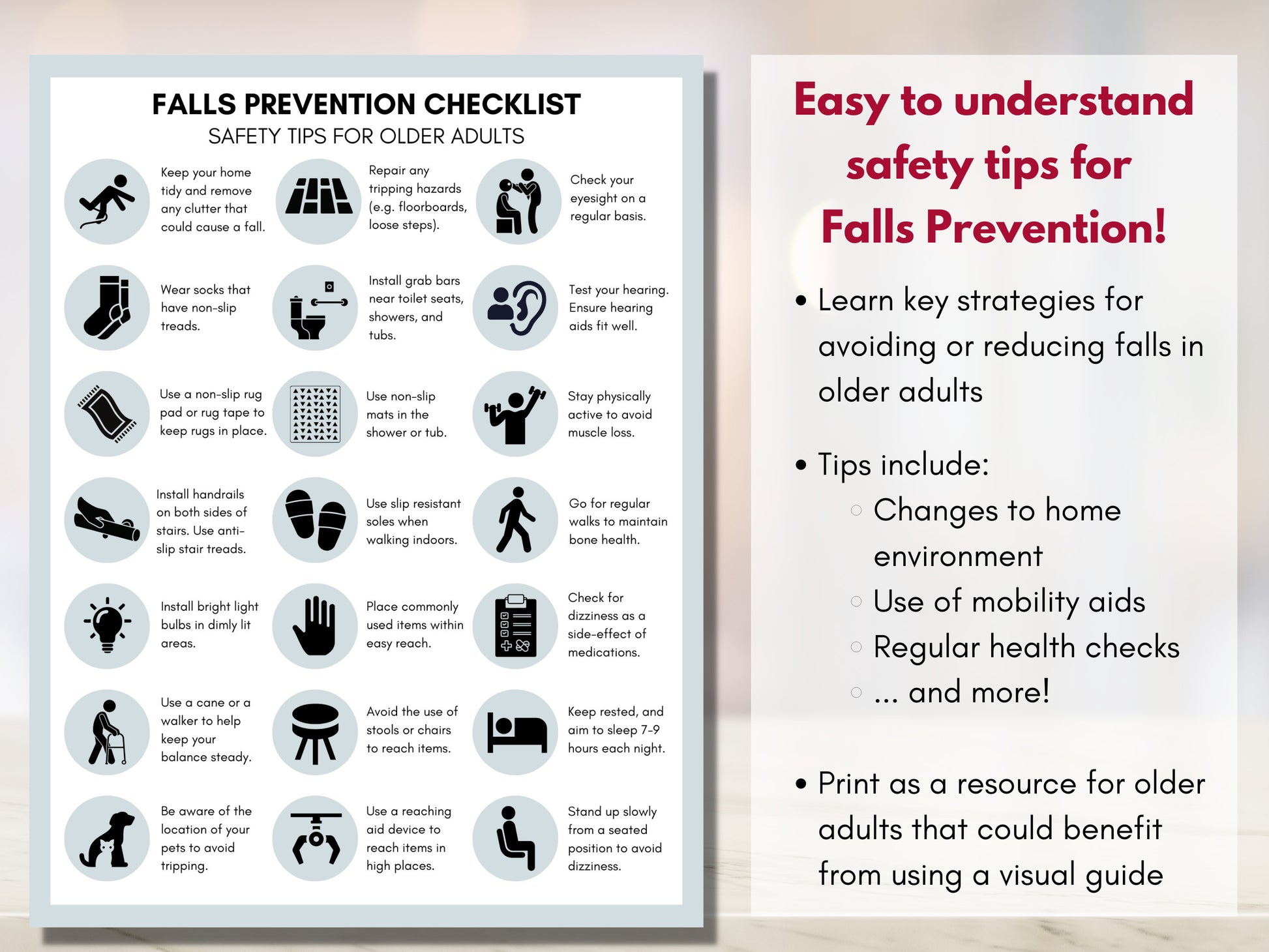 Falls Prevention Checklist, Falls Injury Tip Sheet, Seniors Health Education, Older Adult, Nursing, Occupational Therapy (Digital Printable)