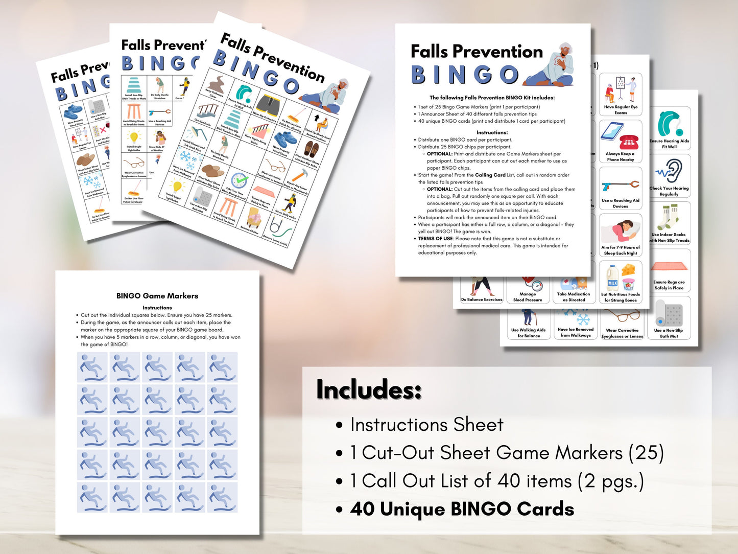 Falls Prevention BINGO Game, Falls Injury Prevention Strategy, Seniors Wellness Game, Occupational, Physical Therapy (Digital Printable)