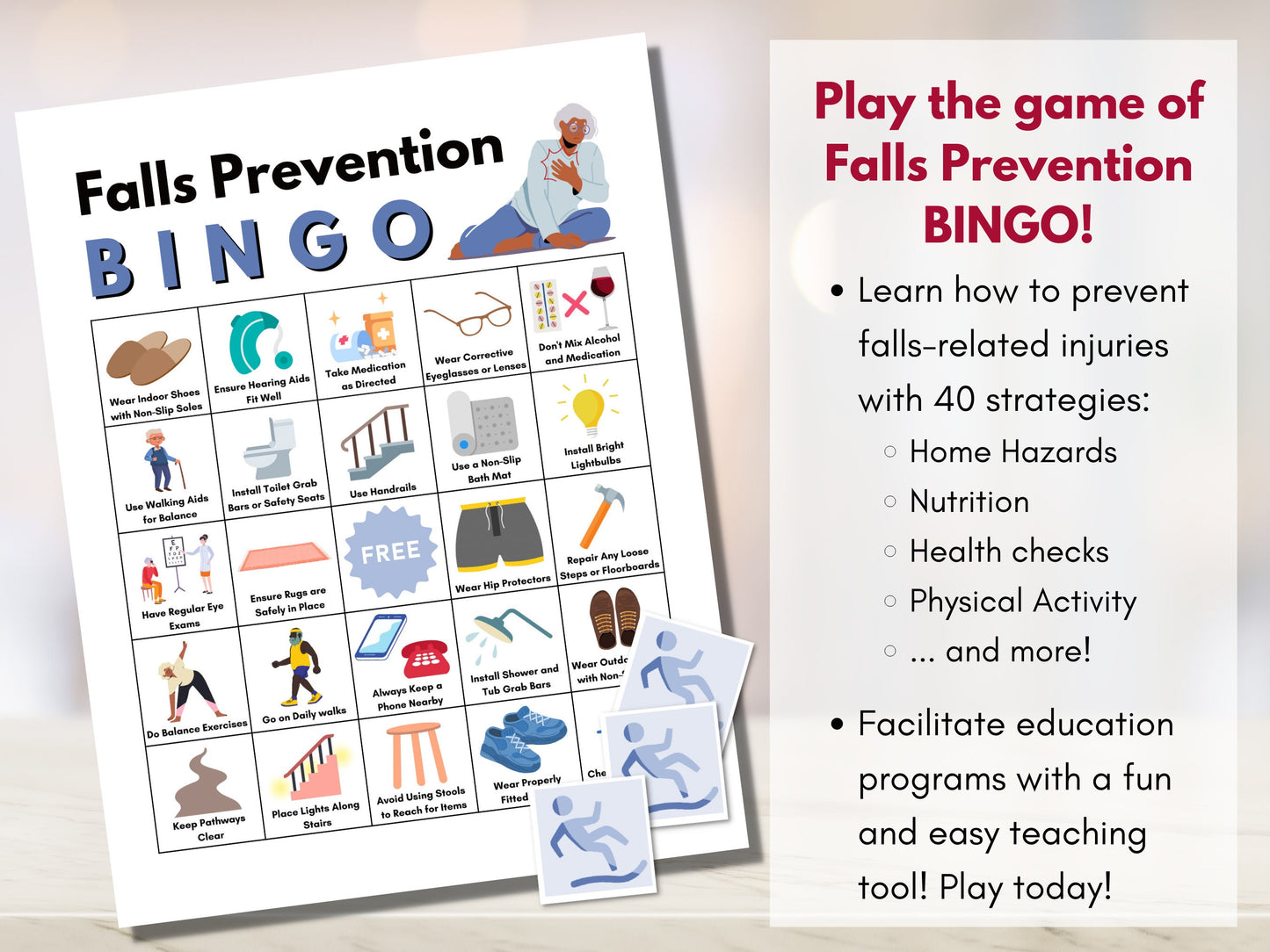 Falls Prevention BINGO Game, Falls Injury Prevention Strategy, Seniors Wellness Game, Occupational, Physical Therapy (Digital Printable)