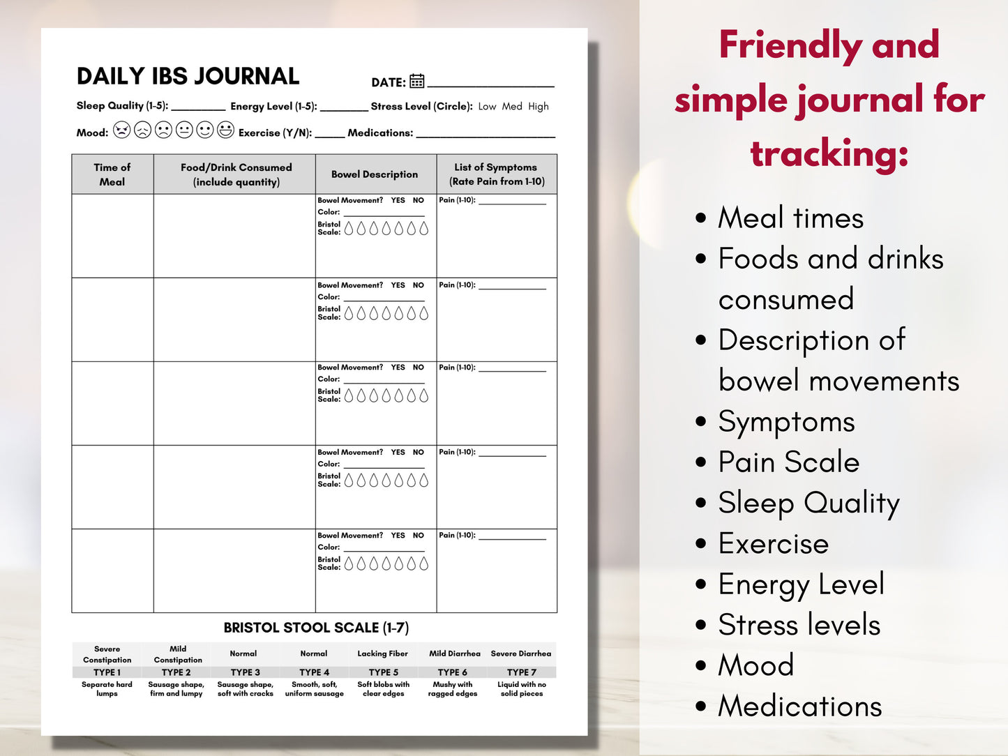 IBS Food Journal, Daily IBS Symptom Diary, Irritable Bowel Syndrome, Bowel Movement Tracker, Nutrition Dietitian (Digital Printable)