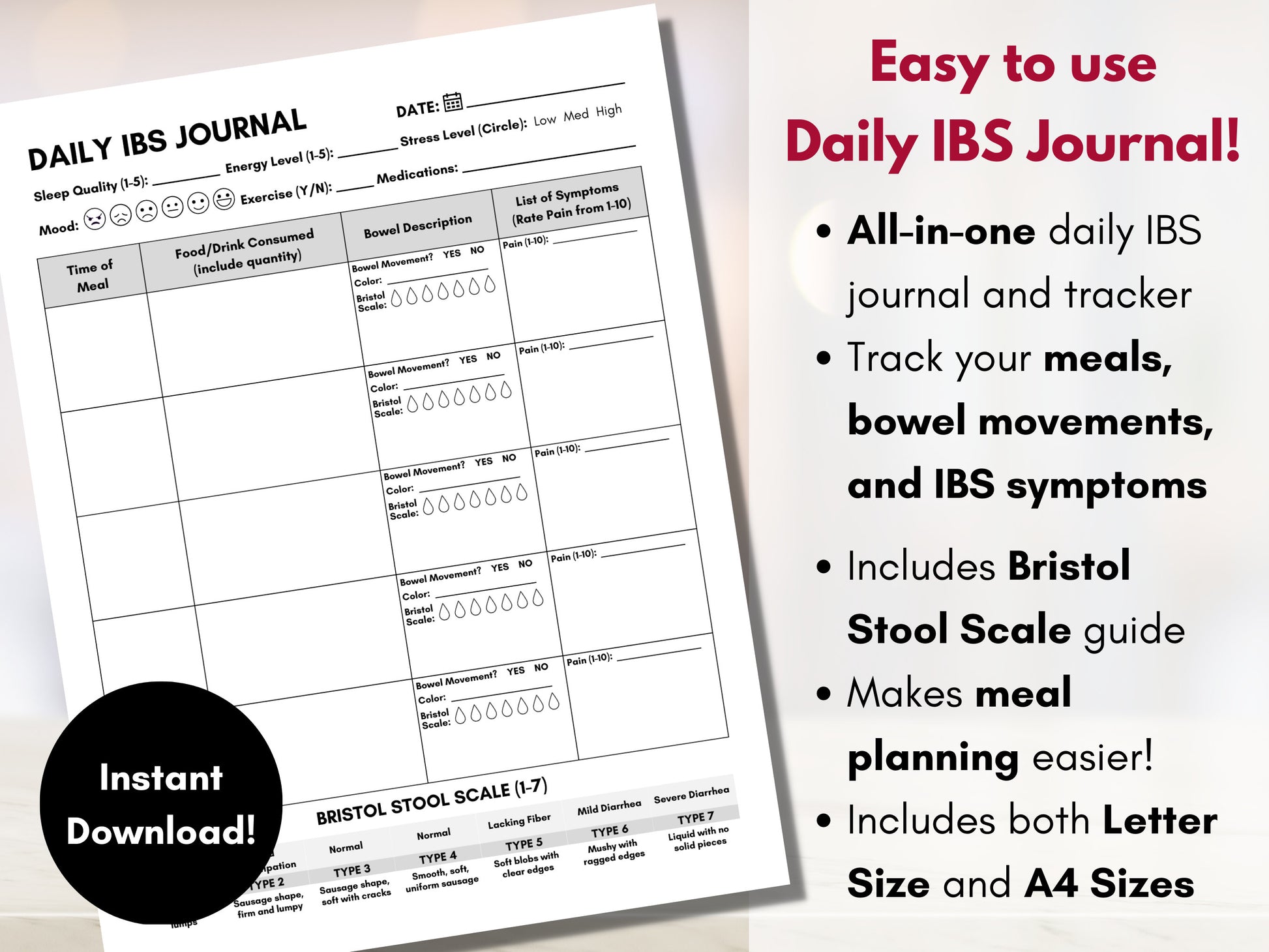 IBS Food Journal, Daily IBS Symptom Diary, Irritable Bowel Syndrome, Bowel Movement Tracker, Nutrition Dietitian (Digital Printable)