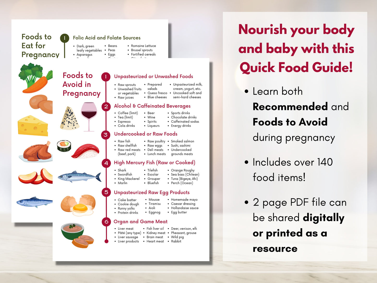 Pregnancy Food Guide, Pregnancy Nutrition List, Recommended Foods, Foods to Avoid in Pregnancy, Quick Guide (Digital Printable)