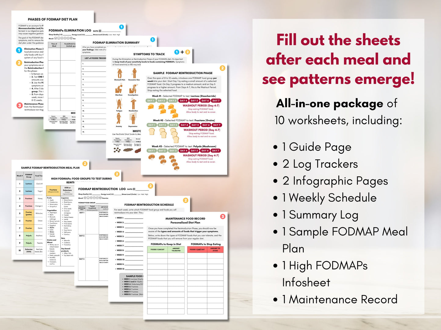 FODMAP Diet Bundle, FODMAP Elimination Reintroduction Planner, 10 Worksheet Pack, FODMAP Guide Book, Nutrition Dietitian (Digital Printable)