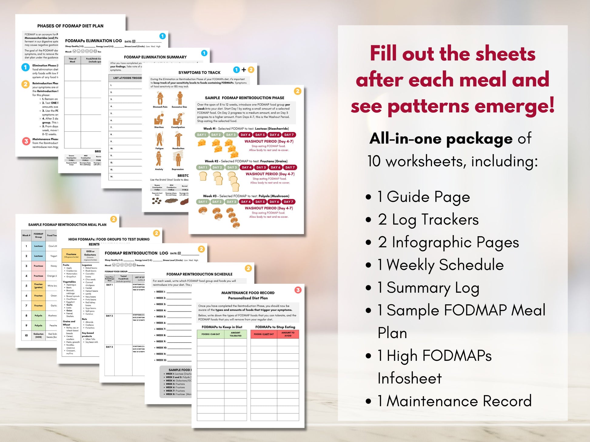 FODMAP Diet Bundle, FODMAP Elimination Reintroduction Planner, 10 Worksheet Pack, FODMAP Guide Book, Nutrition Dietitian (Digital Printable)