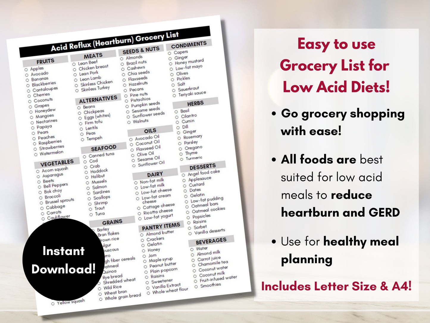 Acid Reflux Grocery List, GERD Heartburn Shopping Food Guide, Low Acid Meal Planner, Nutrition Worksheet, Diet Education (Digital Printable)