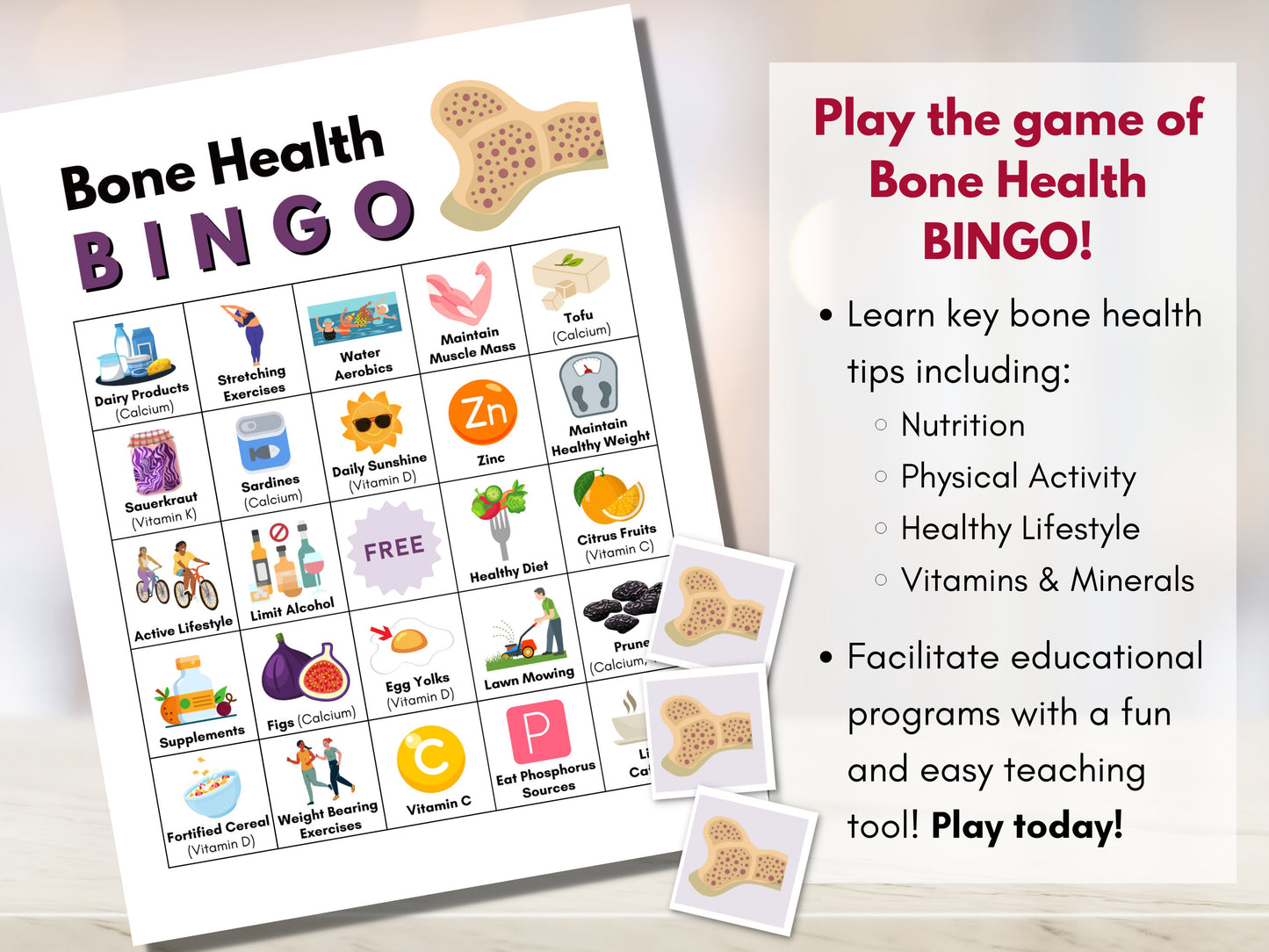 Bone Health BINGO Game Kit, Patient Education, Health Workshop, Classroom Learning Activity, Seniors Wellness, Nursing (Digital Printable)