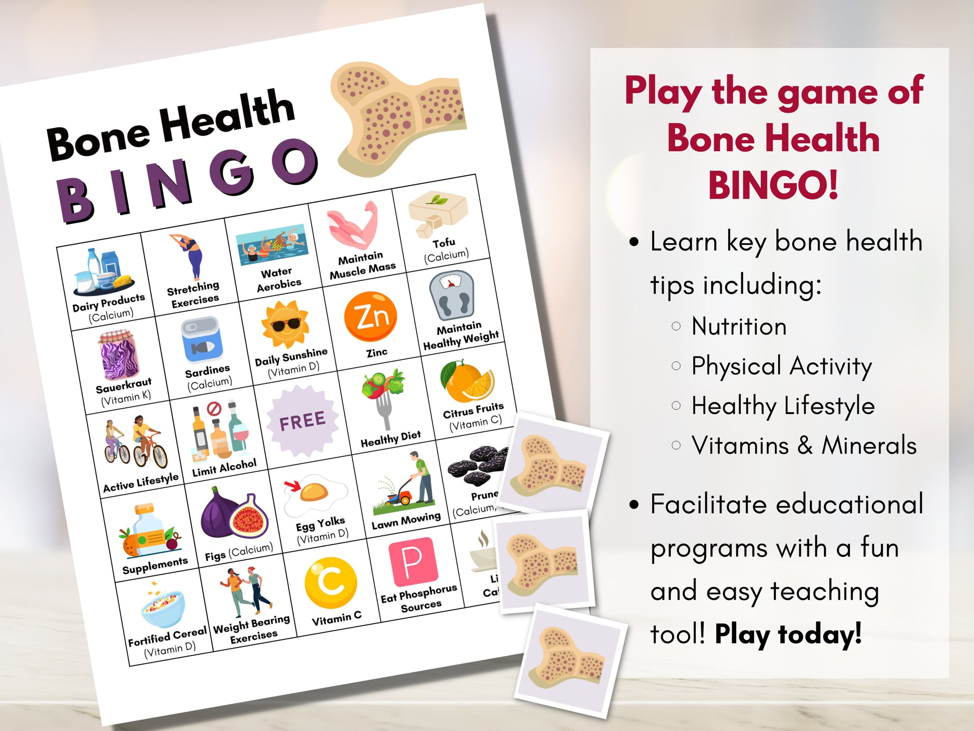 Bone Health BINGO Game Kit, Patient Education, Health Workshop, Classroom Learning Activity, Seniors Wellness, Nursing (Digital Printable)