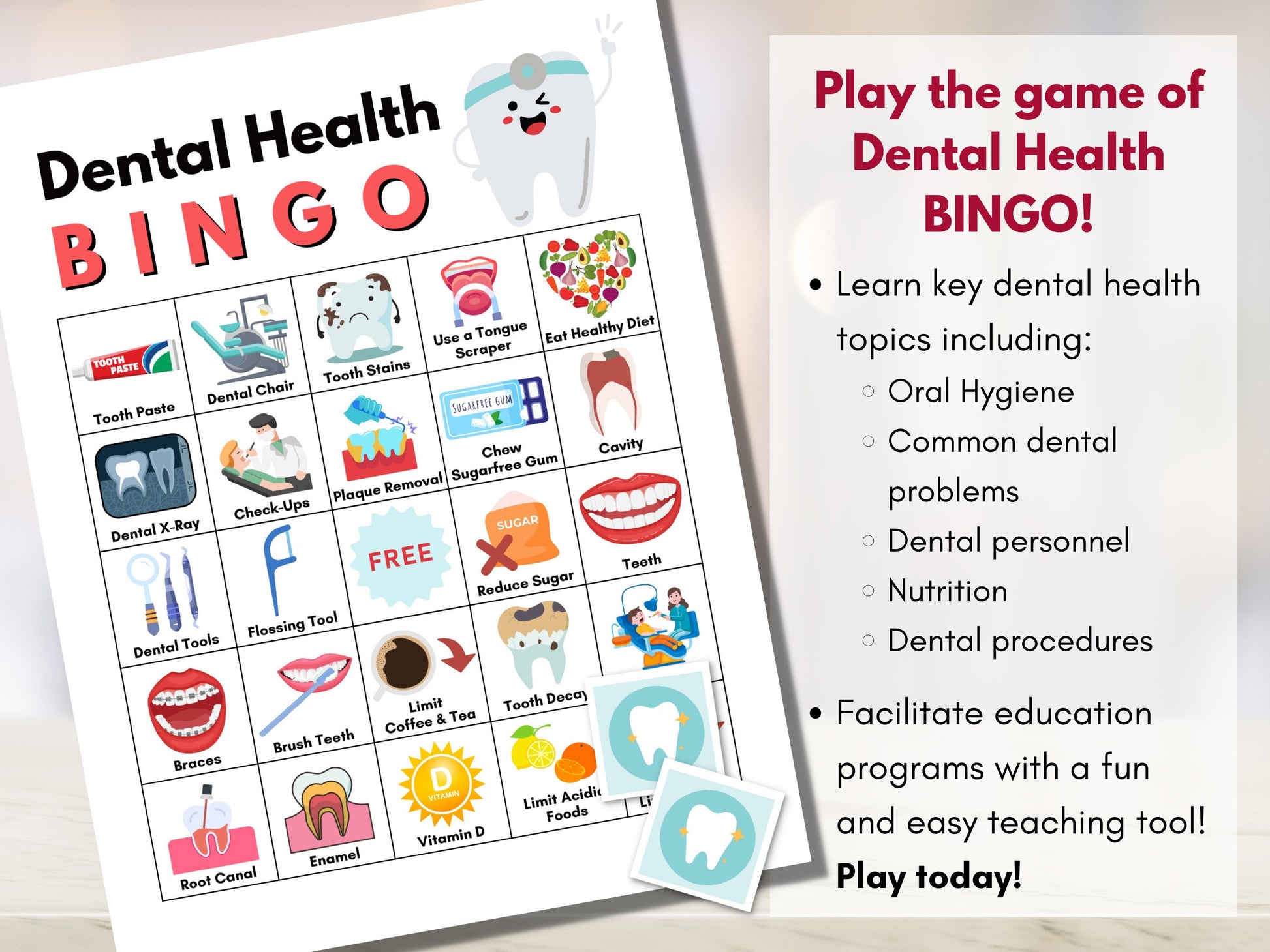 Dental BINGO Game, Oral Hygiene Bingo, Health Games, Patient Education, Workshop, Classroom Learning Activity (Digital Printable)