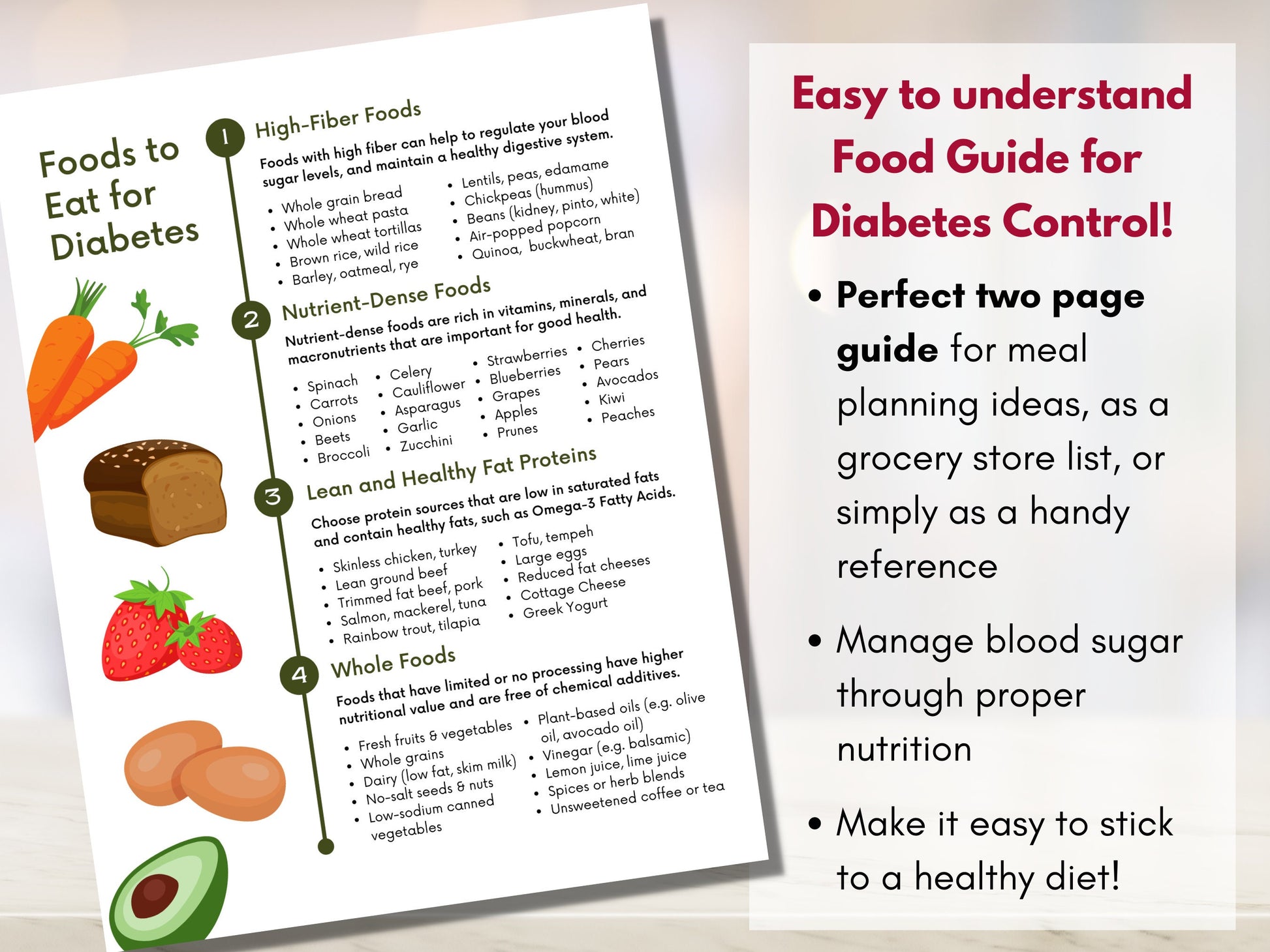 Diabetes Food Guide, Grocery List, Diet Sheet, Meal Planning, Nutrition Worksheet, Patient Education, Health Coach, Gift (Digital Printable)