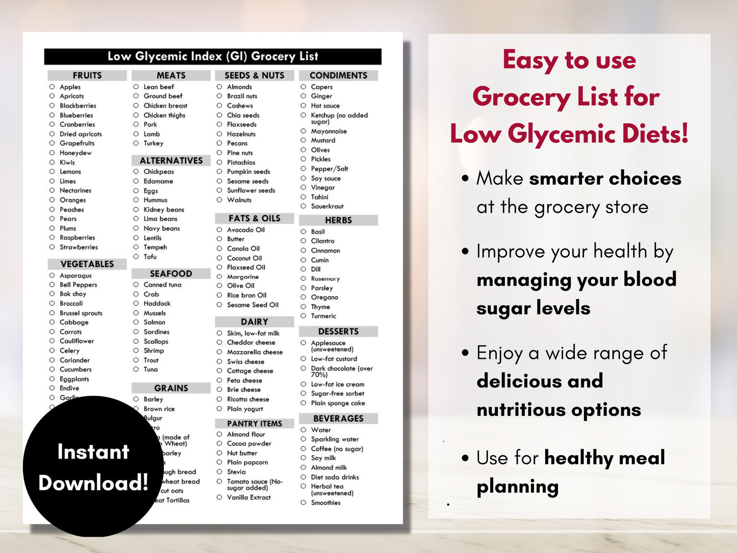 Low Glycemic Index Grocery List, GI Diet Shopping List, Diabetic Meal Planning, Nutrition Blood Sugar, Type 2 Diabetes (Digital Printable)