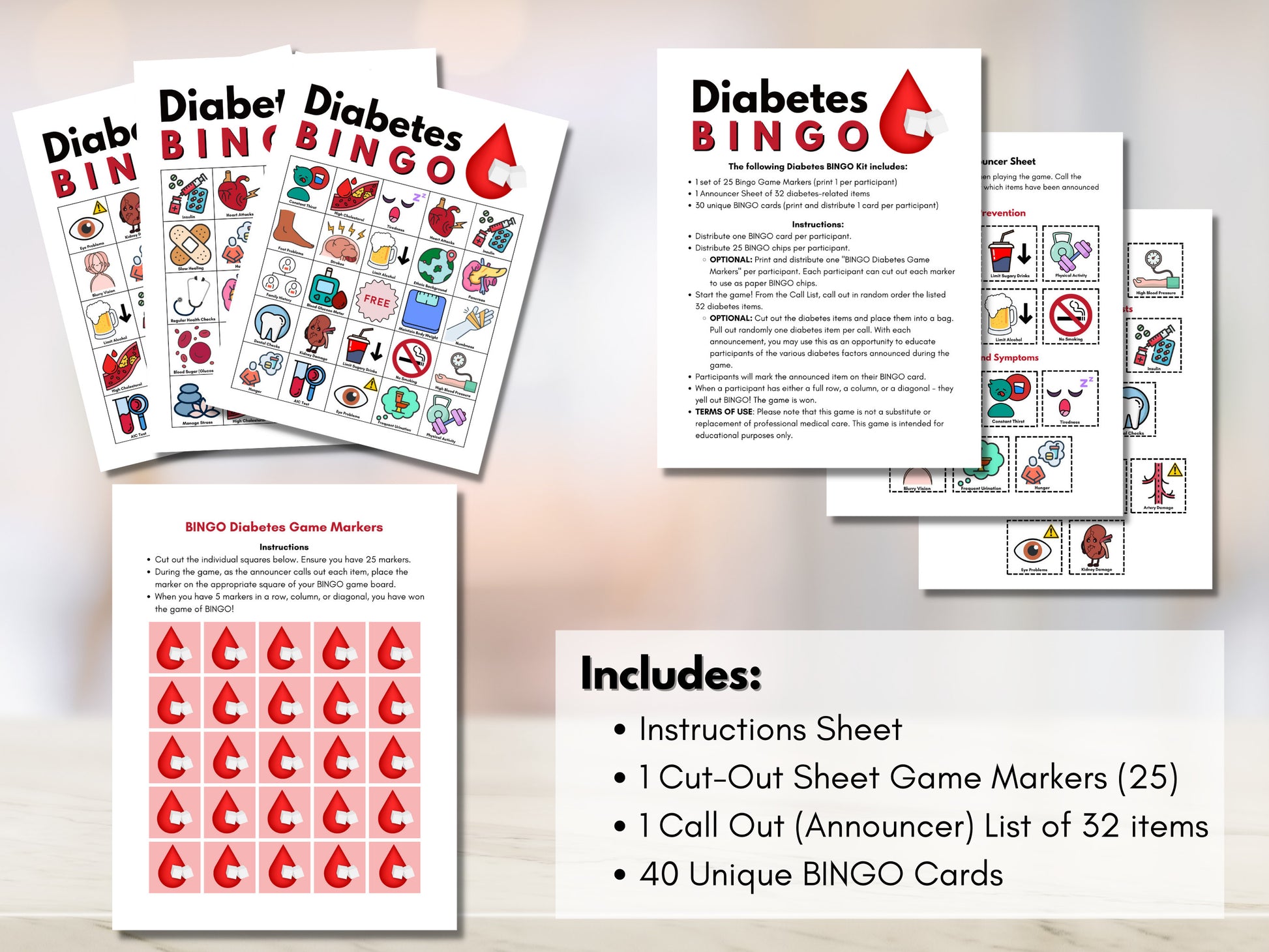 Diabetes BINGO Card Game, 40 Game Boards, Type 2 Diabetes Patient Education, Classroom Activity, Health Game (Digital Printable)