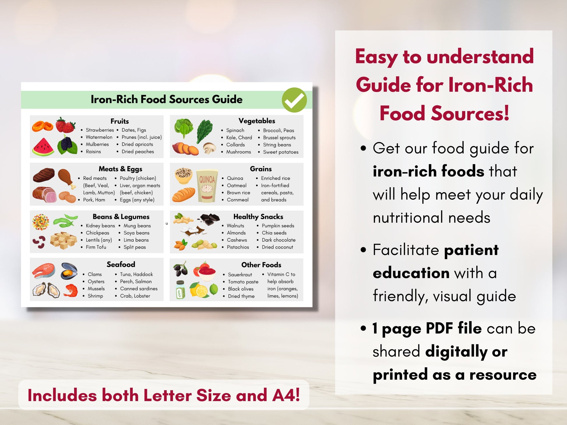 Iron Food Guide, Iron Deficiency Food List, Grocery List for Iron, Quick Tips, Patient Education, Cheat Sheet, Anemia (Digital Printable)