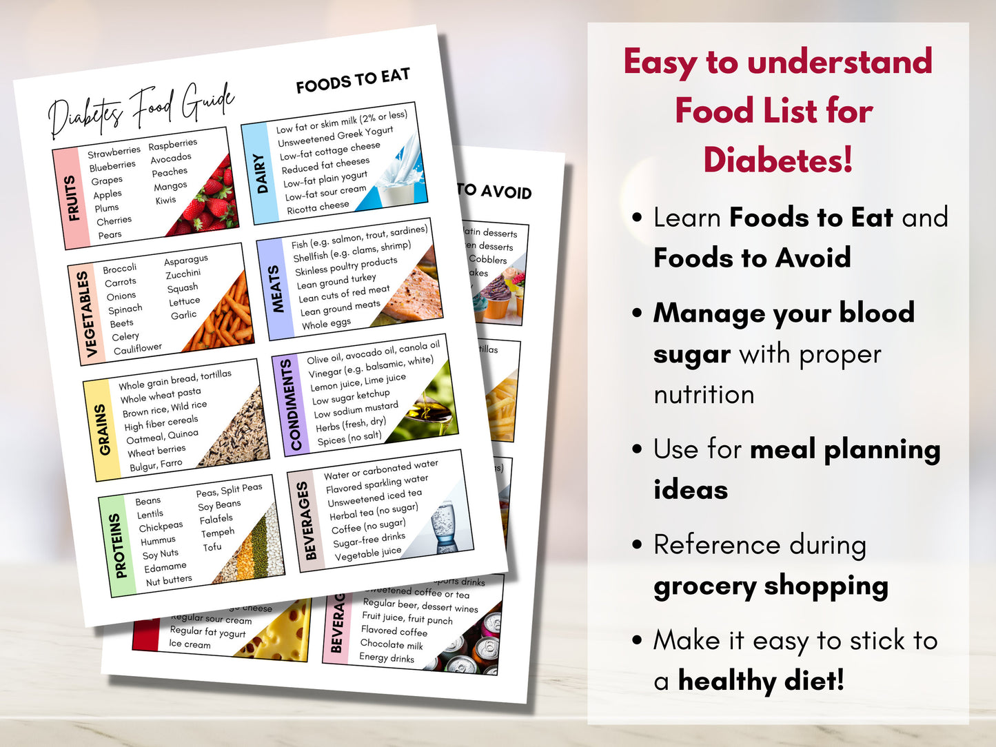 Diabetes Food List, Diabetic Diet Sheet, Meal Planning, Grocery List, Nutrition Worksheet, Dietitian Patient Education (Digital Printable)