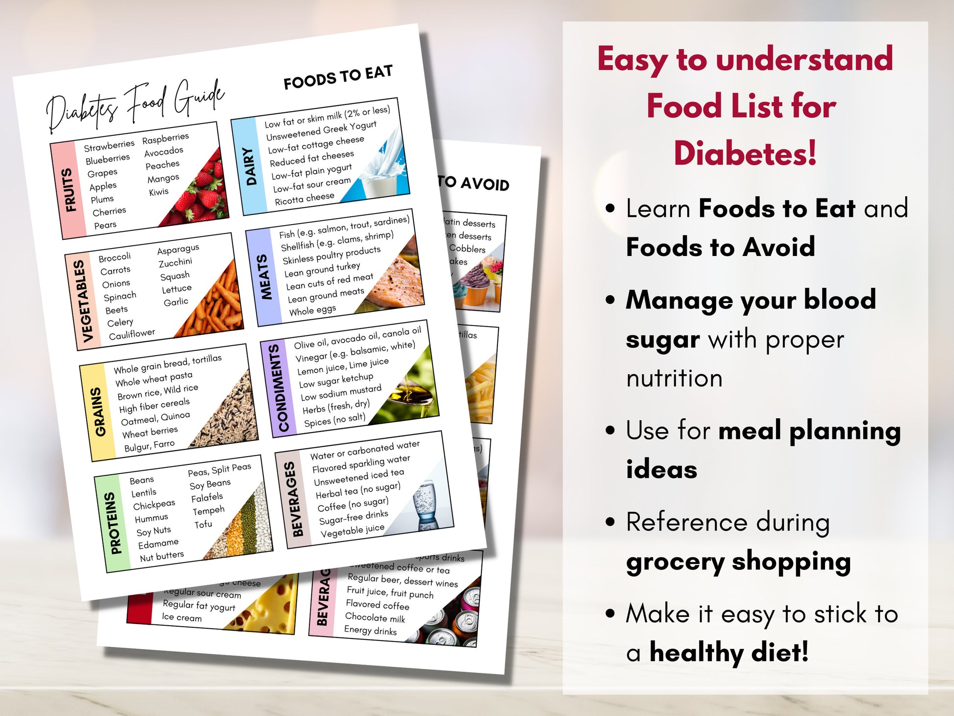 Diabetes Food List, Diabetic Diet Sheet, Meal Planning, Grocery List, Nutrition Worksheet, Dietitian Patient Education (Digital Printable)