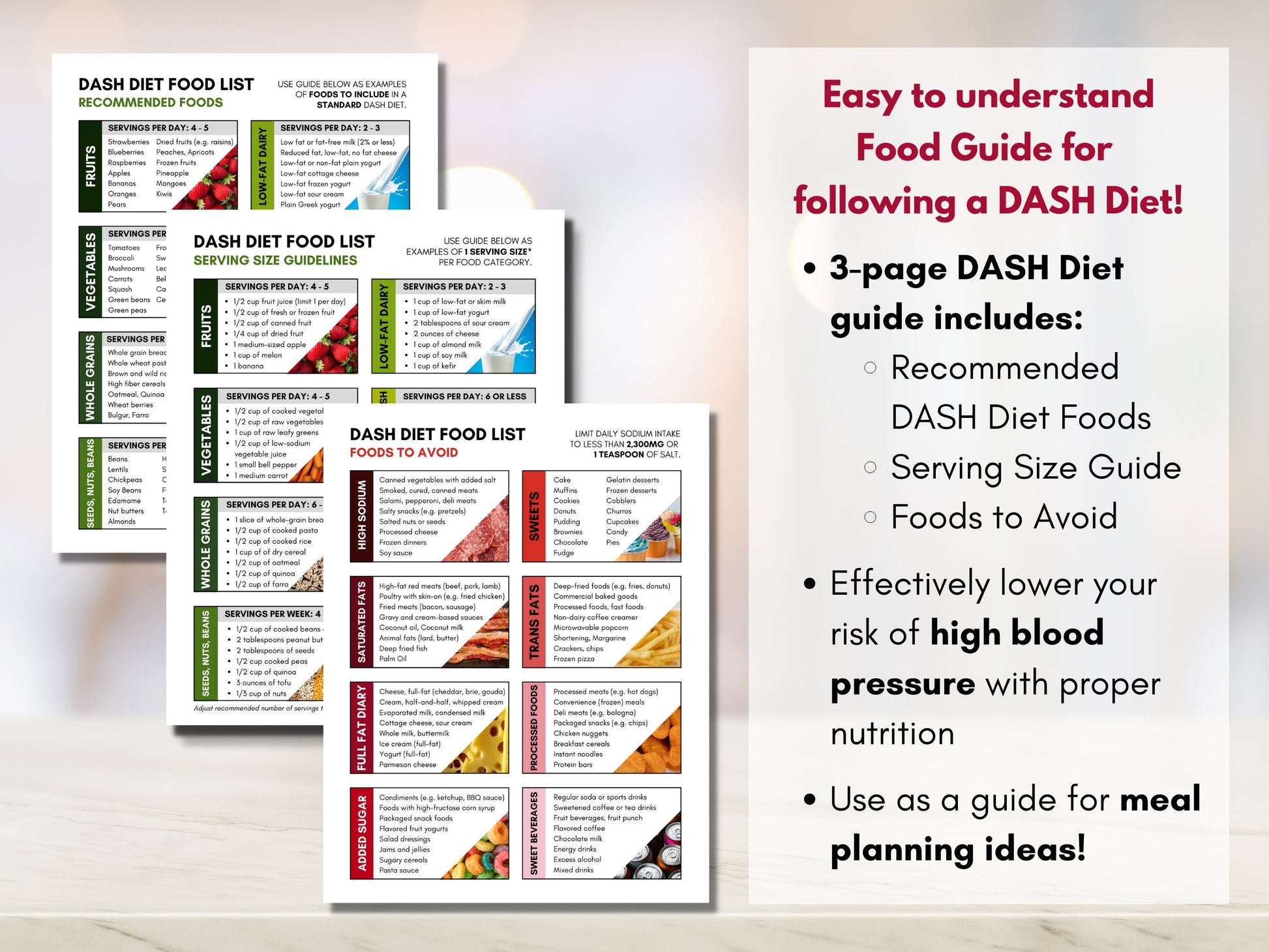 DASH Diet Food Guide, High Blood Pressure Diet Sheet, Hypertension Meal Planning, Low Sodium Grocery List, Nutrition (Digital Printable)