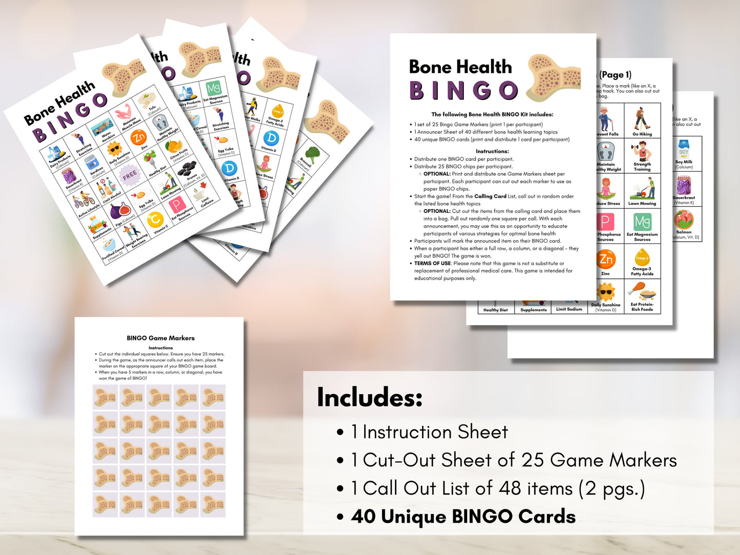 Bone Health BINGO Game Kit, Patient Education, Health Workshop, Classroom Learning Activity, Seniors Wellness, Nursing (Digital Printable)