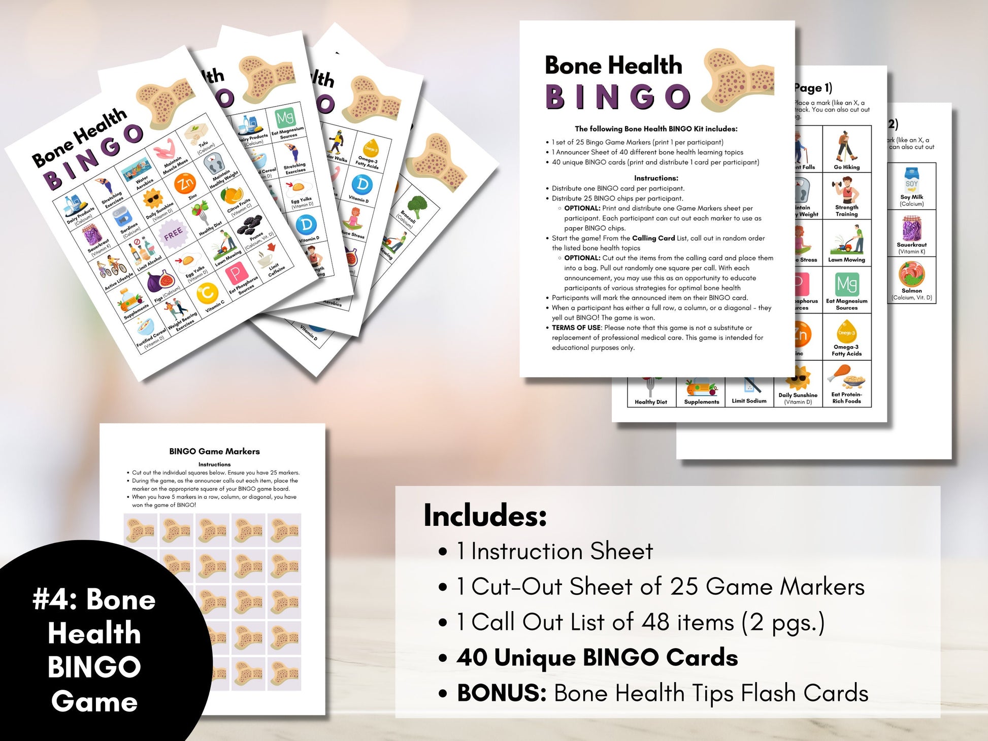 Health BINGO Game Bundle, Includes 4 Games: Brain Health, Heart Health, Dental Health, Bone Health, Classroom, Activity (Digital Printable)