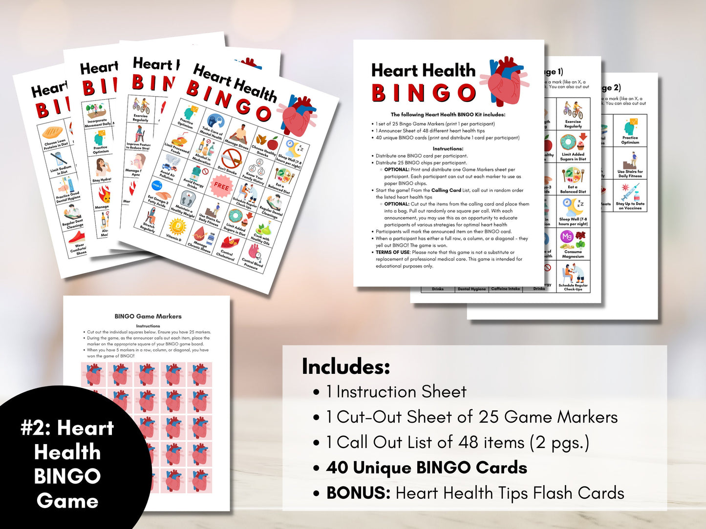 Health BINGO Game Bundle, Includes 4 Games: Brain Health, Heart Health, Dental Health, Bone Health, Classroom, Activity (Digital Printable)