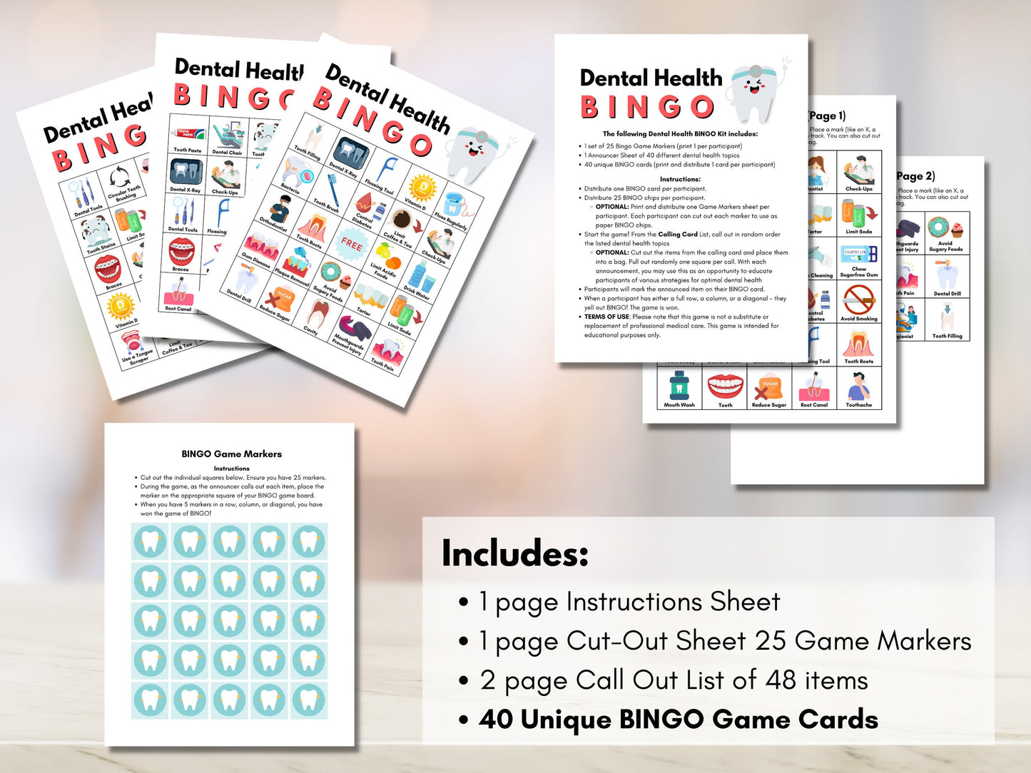 Dental BINGO Game, Oral Hygiene Bingo, Health Games, Patient Education, Workshop, Classroom Learning Activity (Digital Printable)