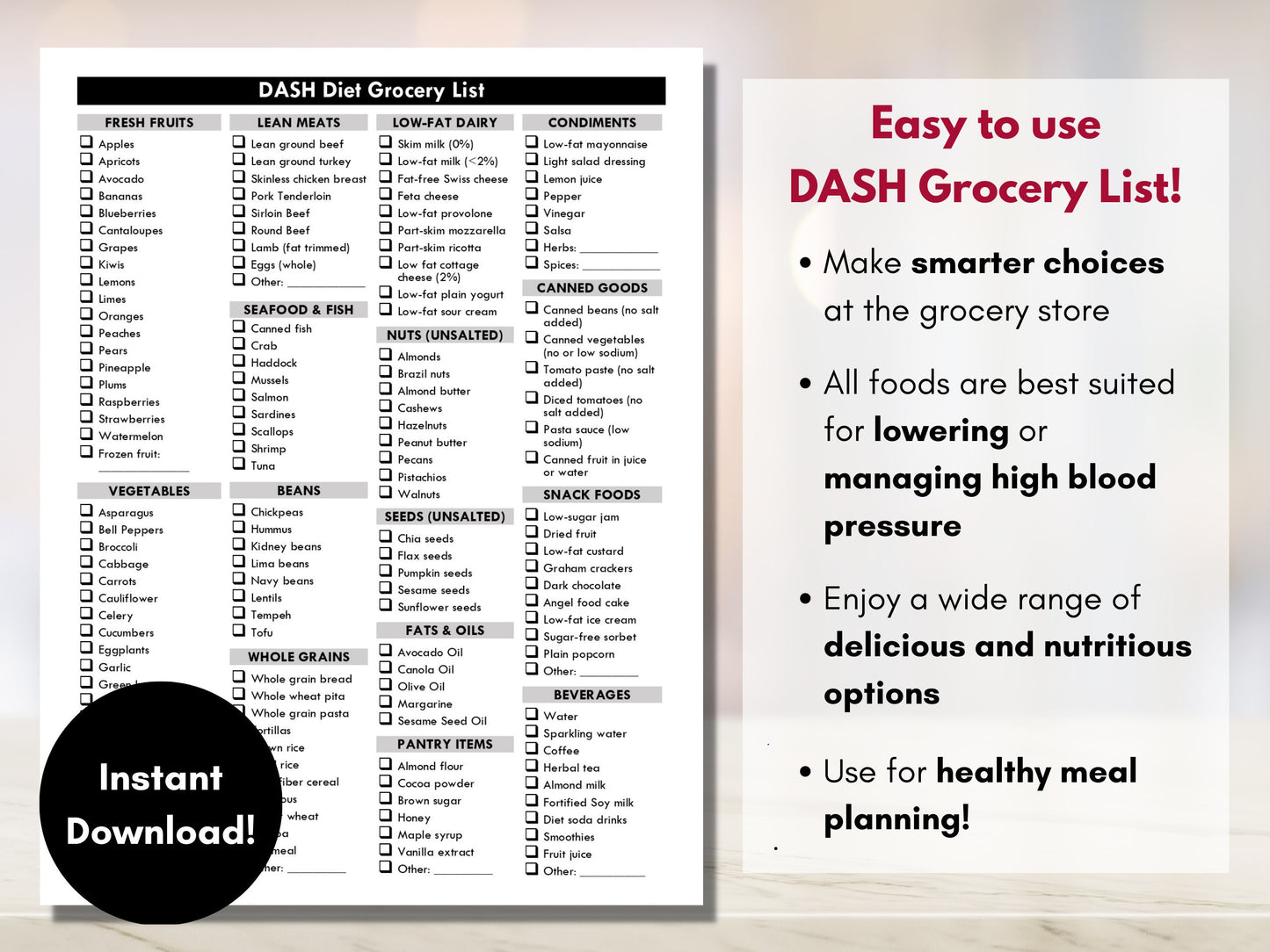 DASH Diet Grocery List, Low Sodium Shopping List, High Blood Pressure Food List, Hypertension Meal Planning, Nutrition (Digital Printable)