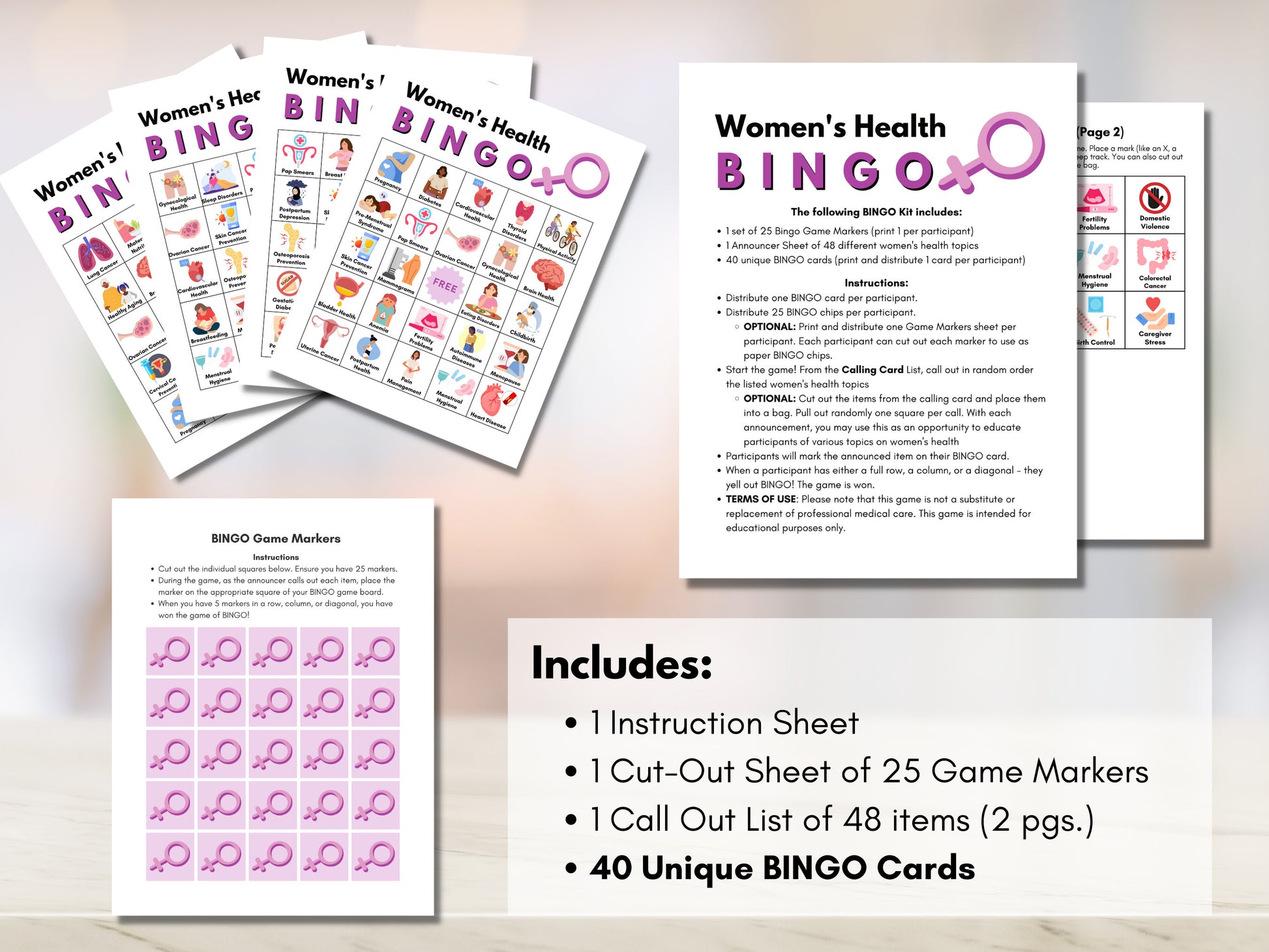 Women's Health BINGO Game, Nursing Bingo, Patient Education, Workshop Activity, Classroom (Digital Printable)