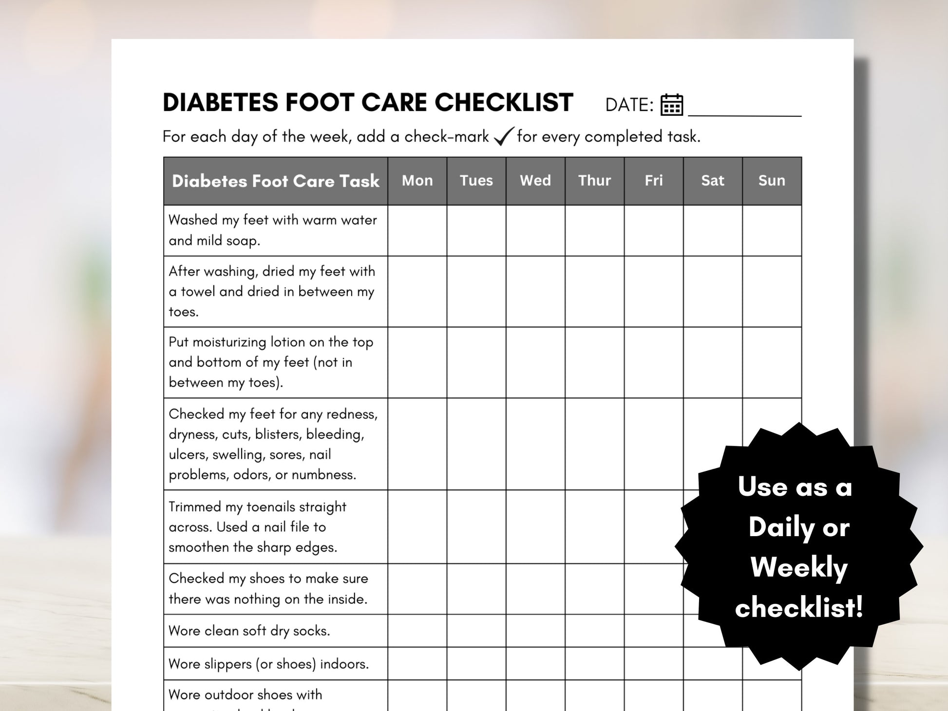 Diabetes Foot Care Checklist, Diabetic Foot Care Guide, Feet Care Log, Tracker, Journal, Patient Education (Digital Printable)