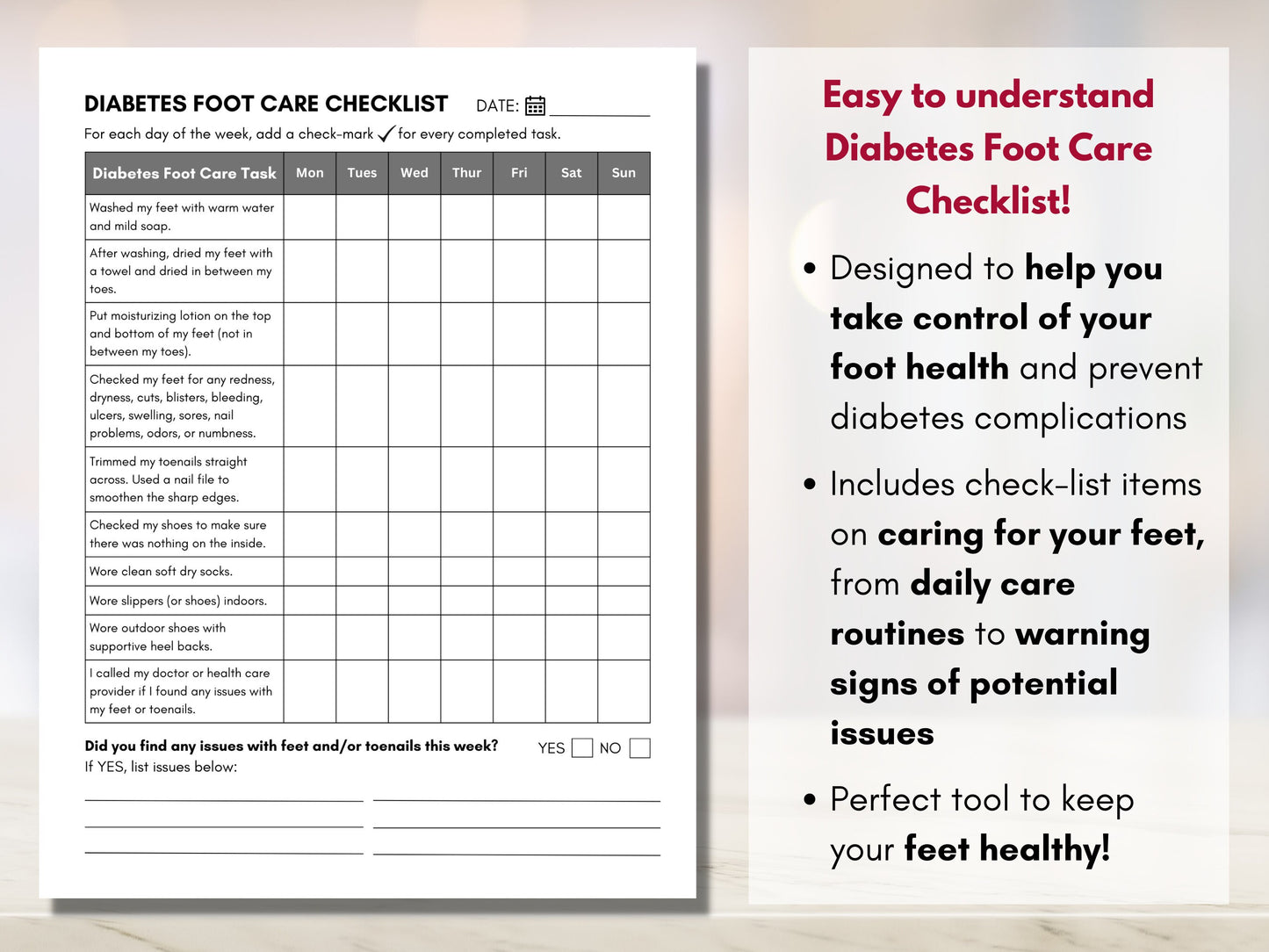 Diabetes Foot Care Checklist, Diabetic Foot Care Guide, Feet Care Log, Tracker, Journal, Patient Education (Digital Printable)