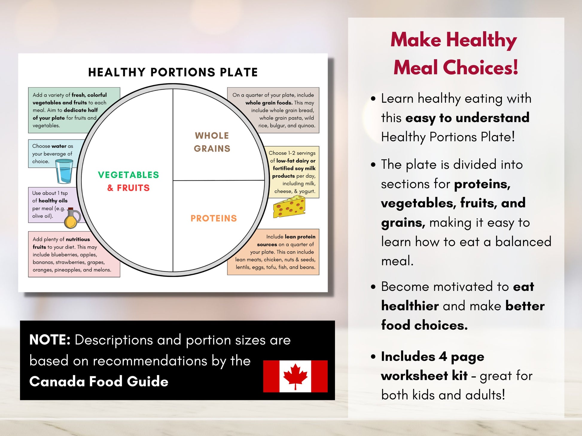 Healthy Portions Plate, Visual Nutrition Eating Guide, Food Portion Control, Dietitian Worksheet, Canada Food Guide (Digital Printable)