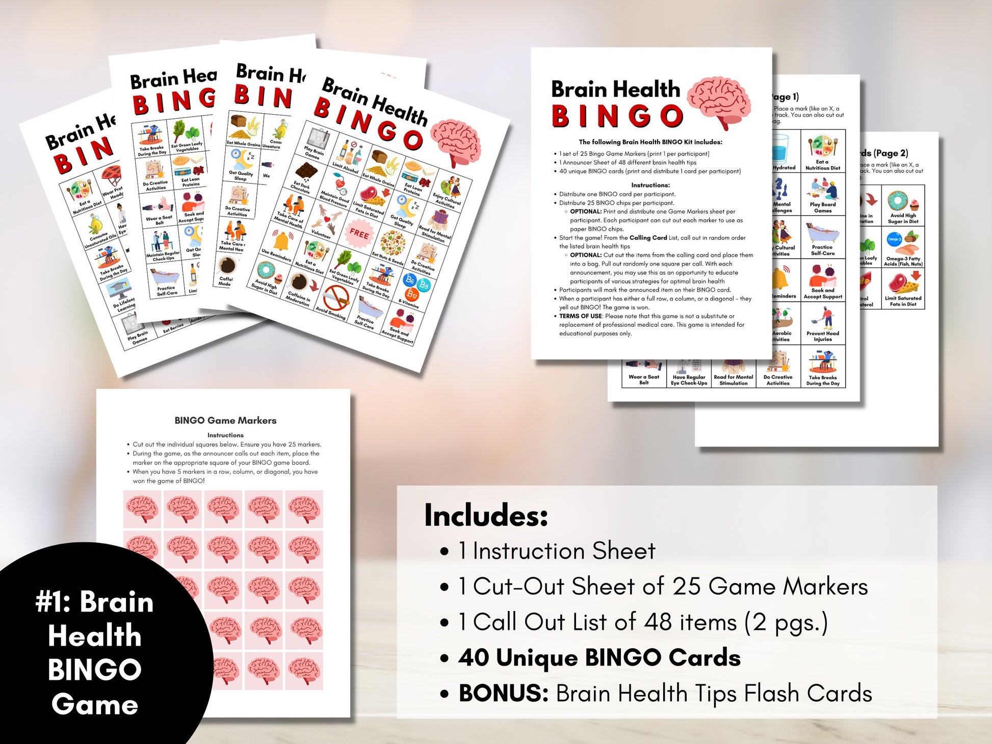 Health BINGO Game Bundle, Includes 4 Games: Brain Health, Heart Health, Dental Health, Bone Health, Classroom, Activity (Digital Printable)