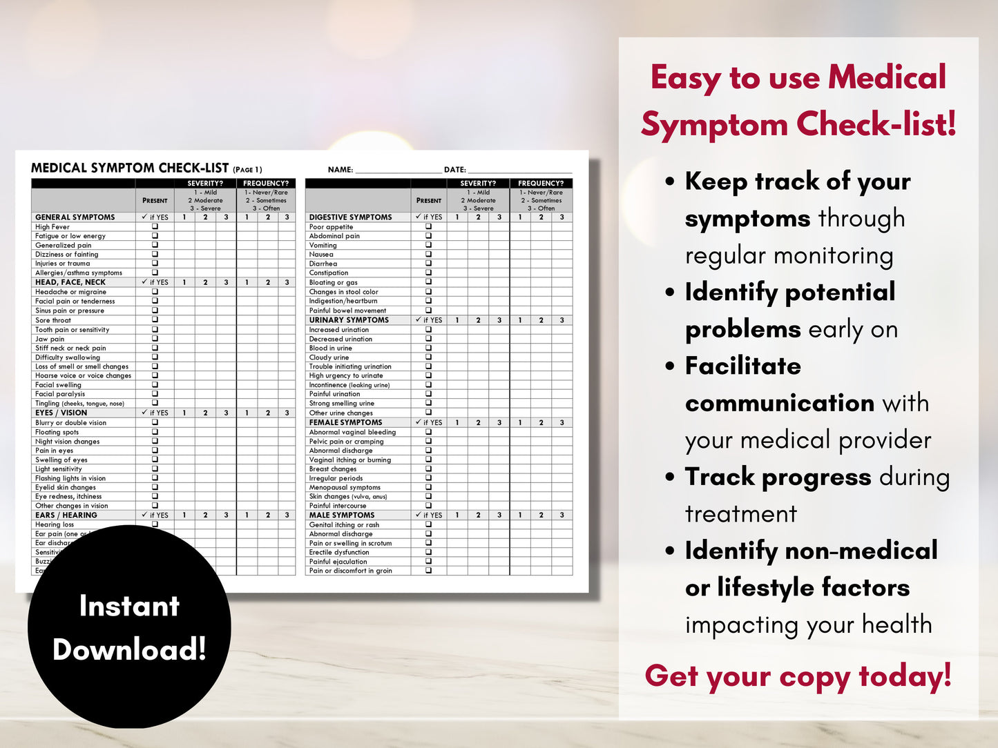 Symptom Checklist, Doctor Visit, Medical Tracker, Symptom List, Patient Education, Chronic Illness (Digital Printable)