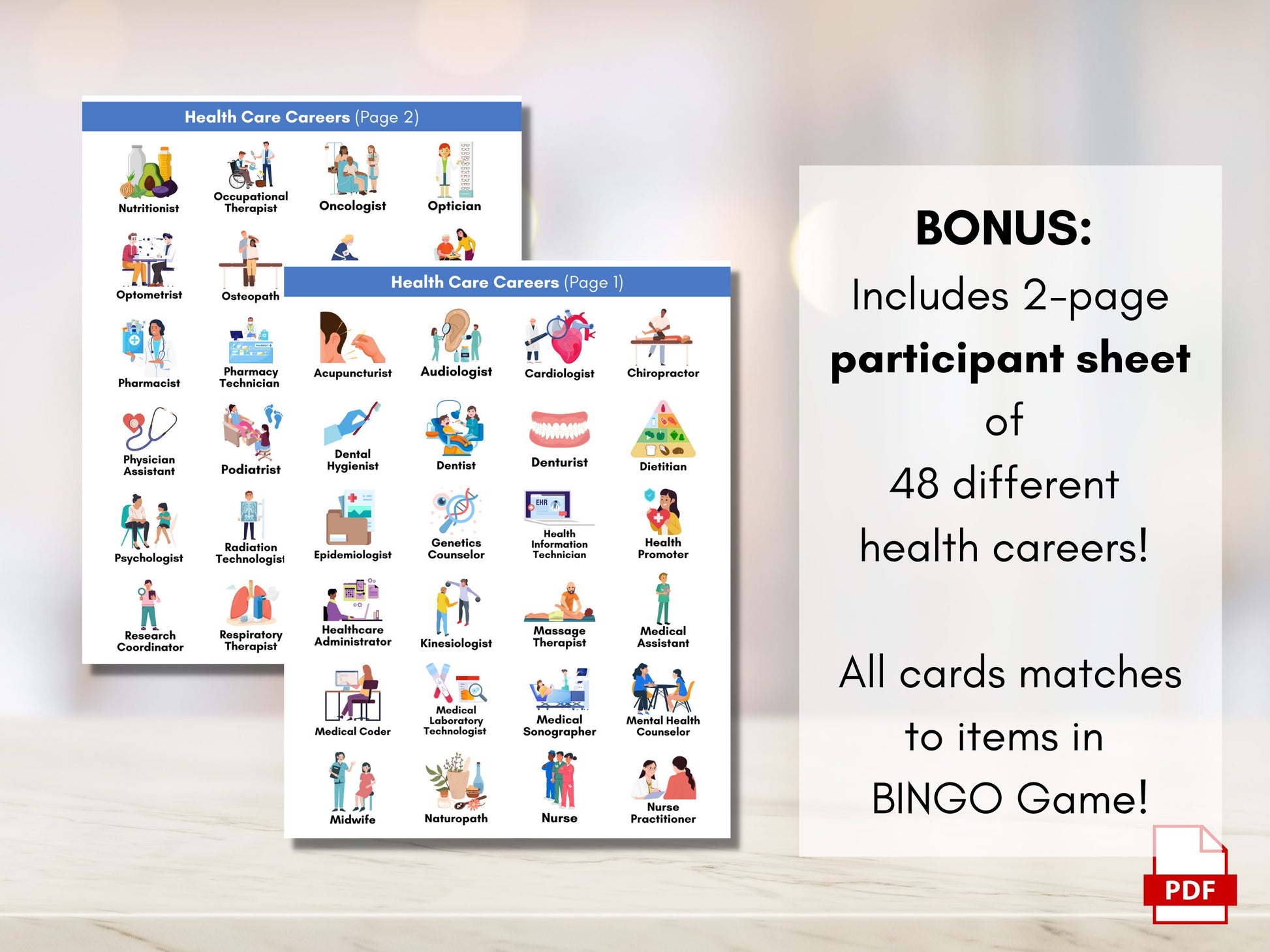 Health Careers Bingo Game, Allied Health, Medical Health Professions, Education, Workshop, Classroom Learning Activity (Digital Printable)