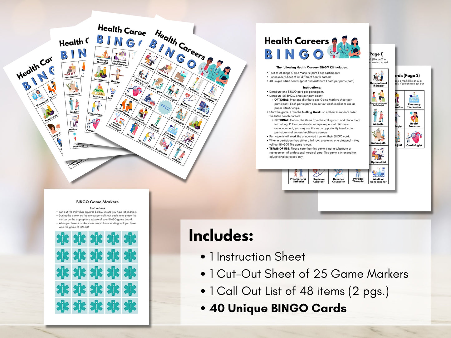 Health Careers Bingo Game, Allied Health, Medical Health Professions, Education, Workshop, Classroom Learning Activity (Digital Printable)