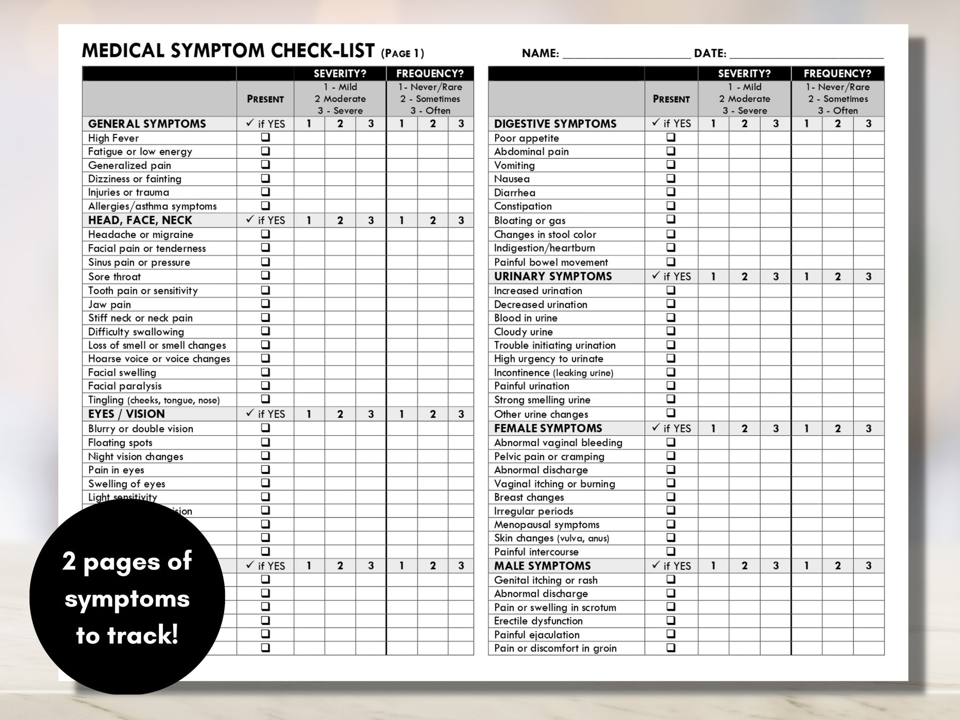 Symptom Checklist, Doctor Visit, Medical Tracker, Symptom List, Patient Education, Chronic Illness (Digital Printable)