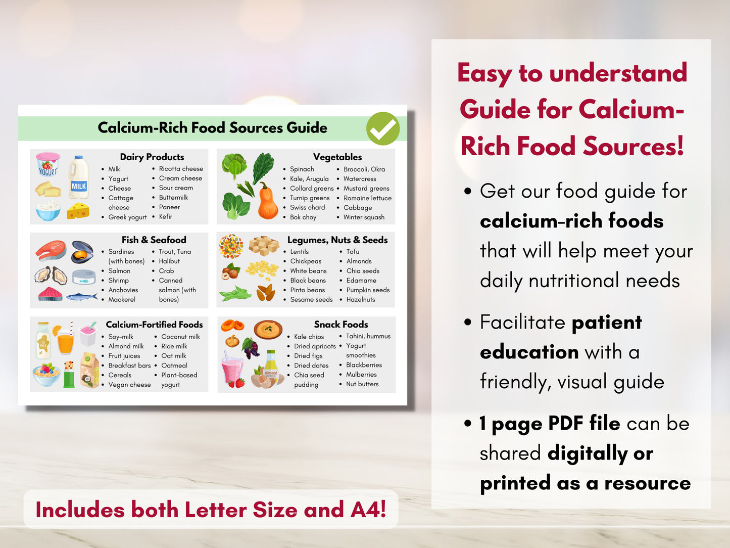 Calcium Food Guide, Calcium Food Sources, Grocery List for Calcium, Patient Education Tips, Nutrition Cheat Sheet (Digital Printable)