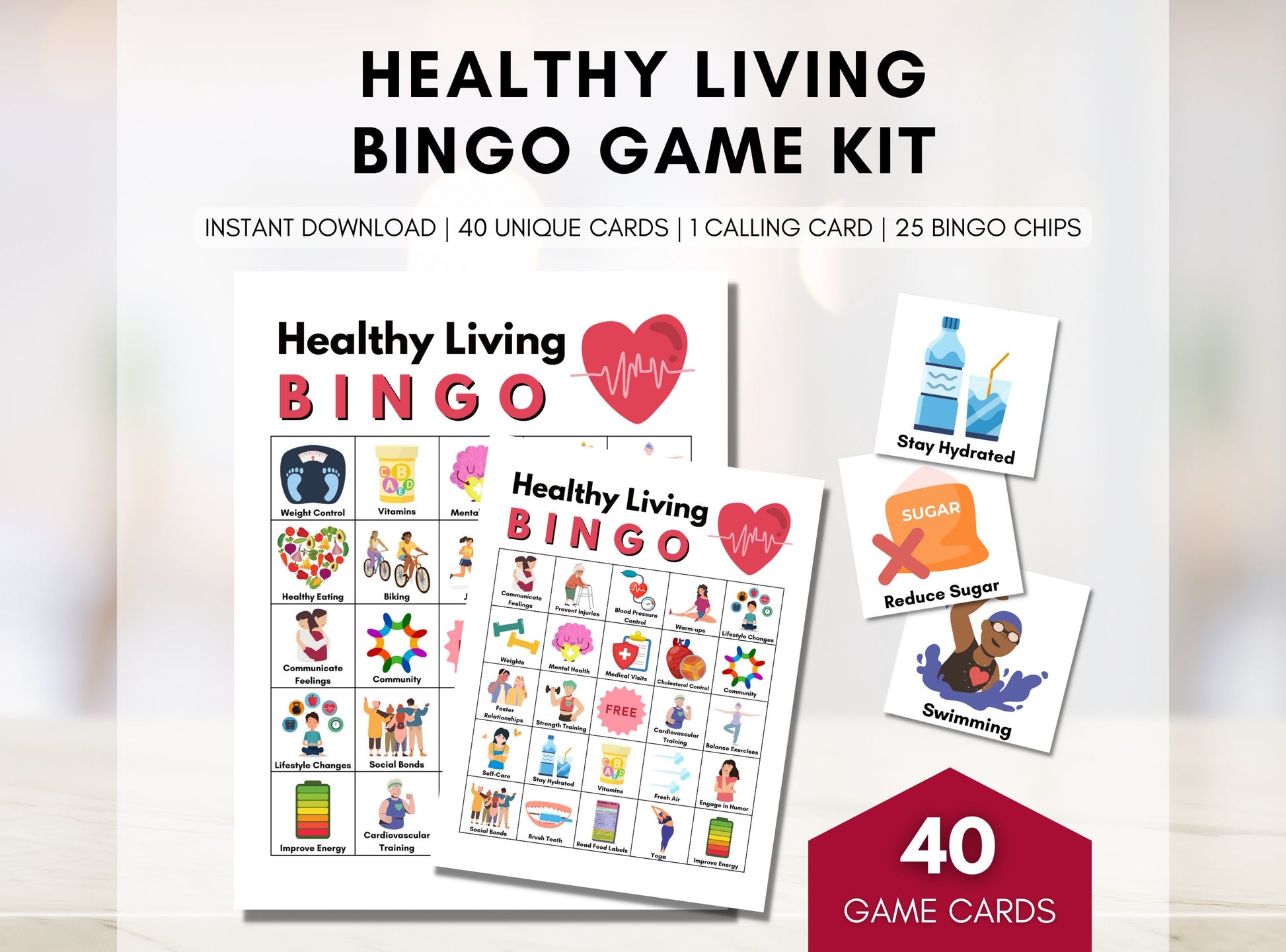 Healthy Living BINGO Game, Health Habits Printable Game, 40 Game Cards, Wellness Learning Activity, Fitness and Exercise (Digital Printable)