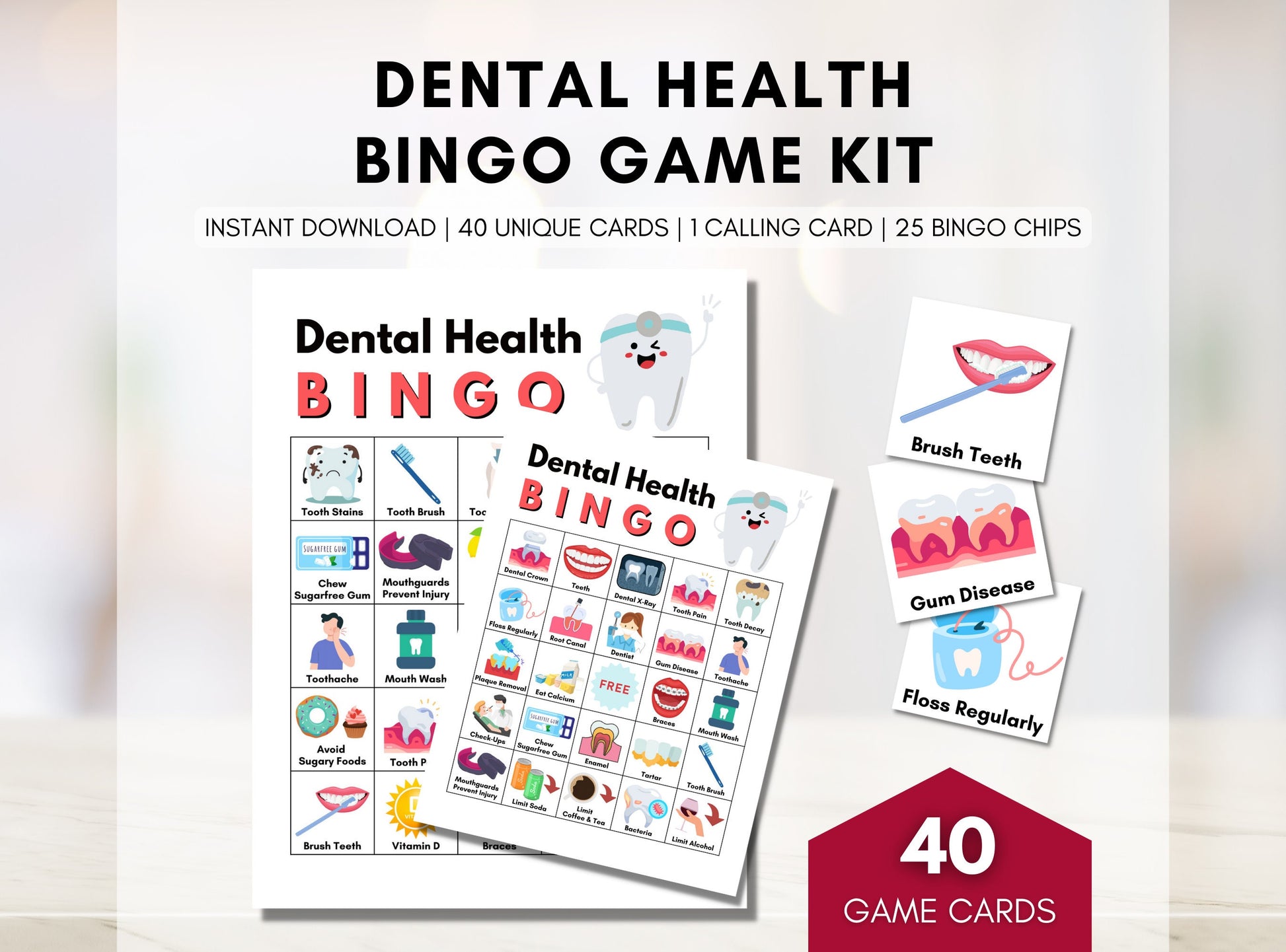 Dental BINGO Game, Oral Hygiene Bingo, Health Games, Patient Education, Workshop, Classroom Learning Activity (Digital Printable)