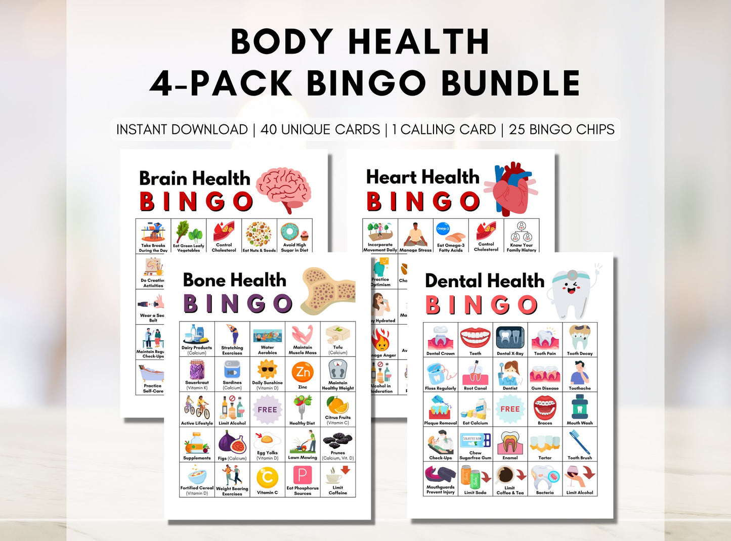 Health BINGO Game Bundle, Includes 4 Games: Brain Health, Heart Health, Dental Health, Bone Health, Classroom, Activity (Digital Printable)