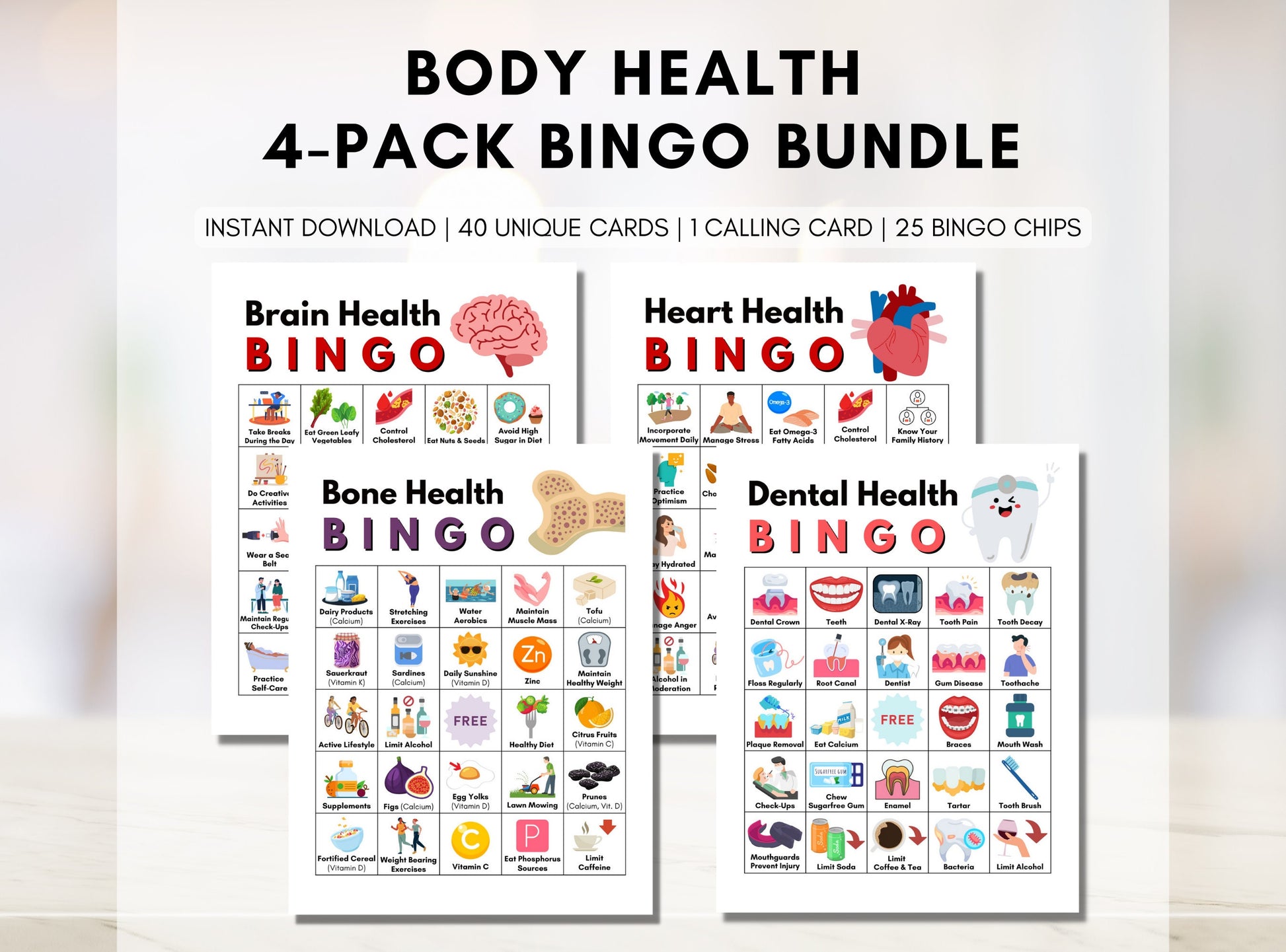 Health BINGO Game Bundle, Includes 4 Games: Brain Health, Heart Health, Dental Health, Bone Health, Classroom, Activity (Digital Printable)